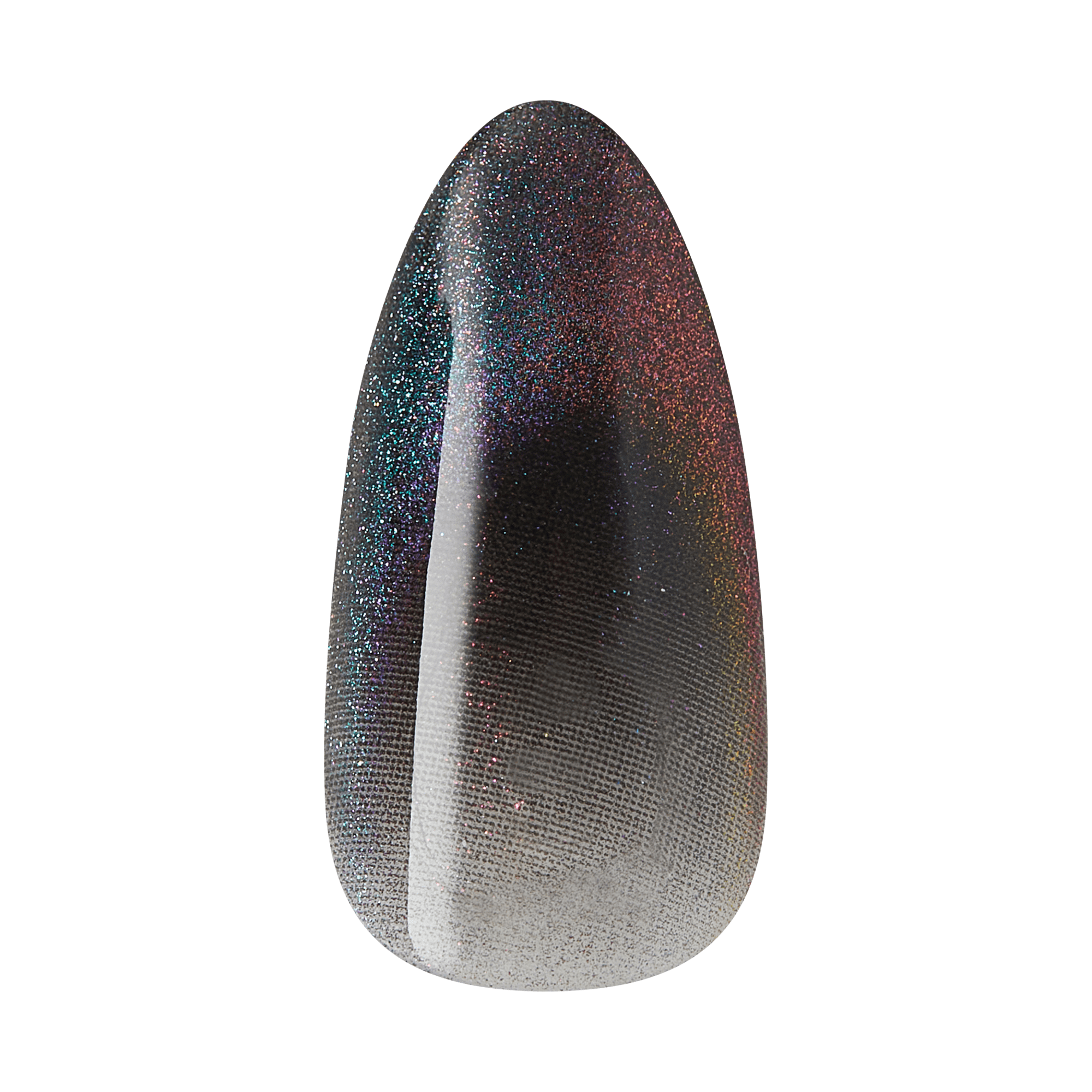 The image features a nail tip with a unique design. It has a pointed shape and showcases a gradient effect, transitioning from a dark base to a lighter tip. The surface is adorned with a shimmering, holographic finish that reflects various colors, creating a sparkling appearance. The overall look is stylish and eye-catching, making it suitable for fashionable nail art.