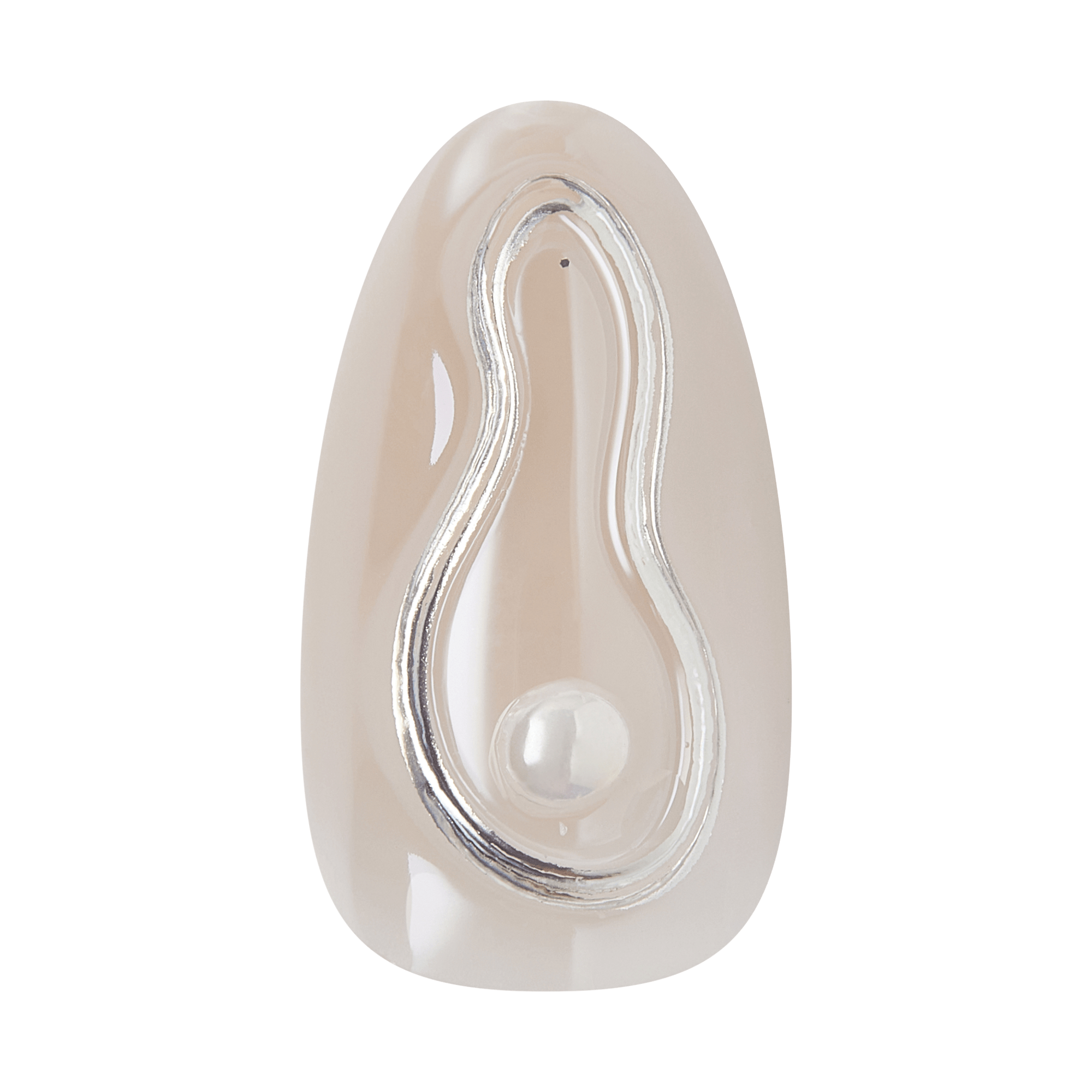 Beige ceramic vessel with silver swirl design and white spherical accent detail