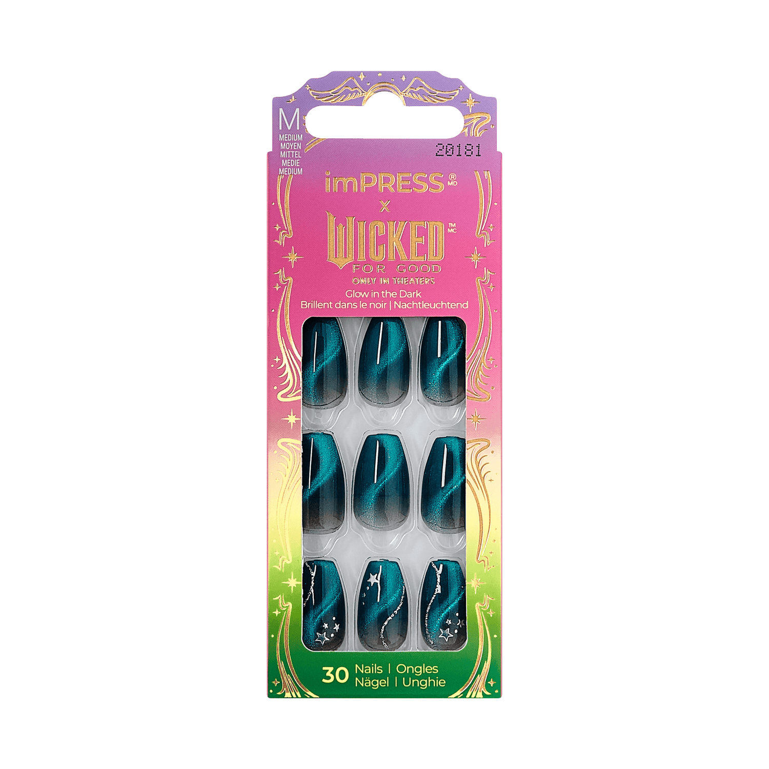 Bright teal and black ombré press-on nails with silver star and swirl designs, in packaging with gradient pink to green background and gold accents. Text: \
