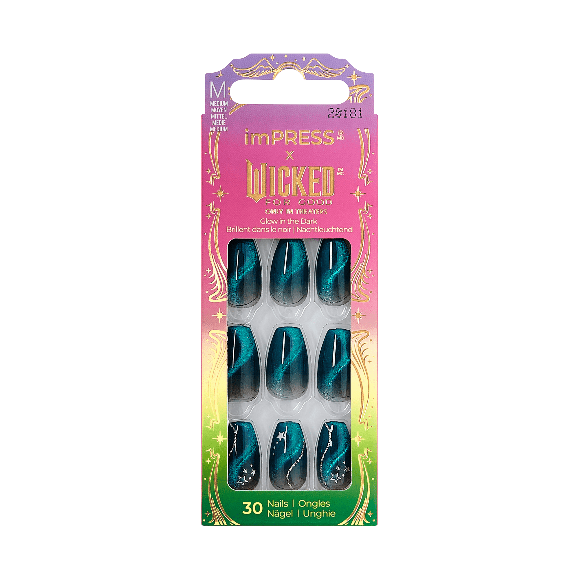 Bright teal and black ombré press-on nails with silver star and swirl designs, in packaging with gradient pink to green background and gold accents. Text: \