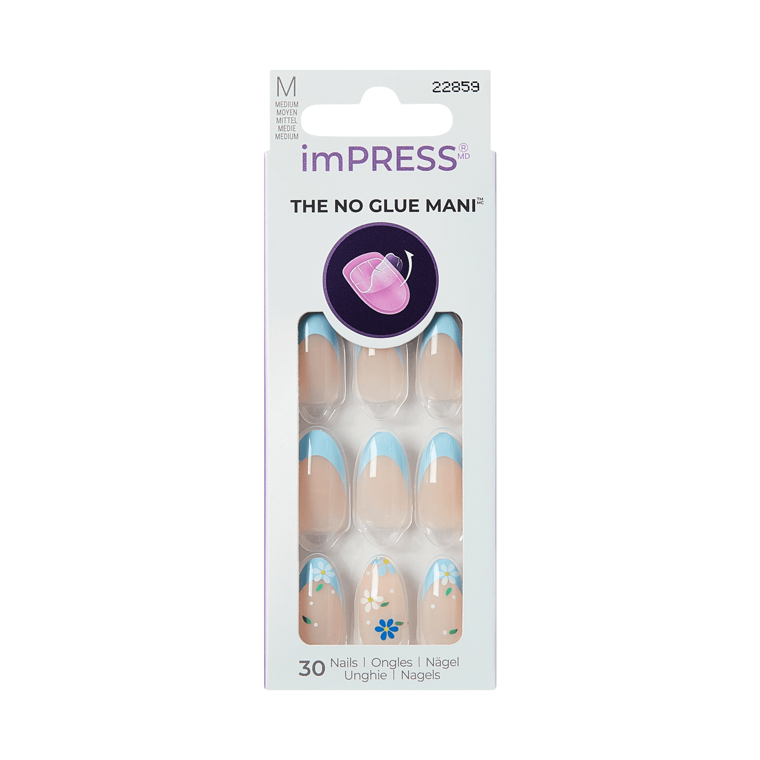 imPRESS The No Glue Mani press-on nails, medium size, blue and floral design
