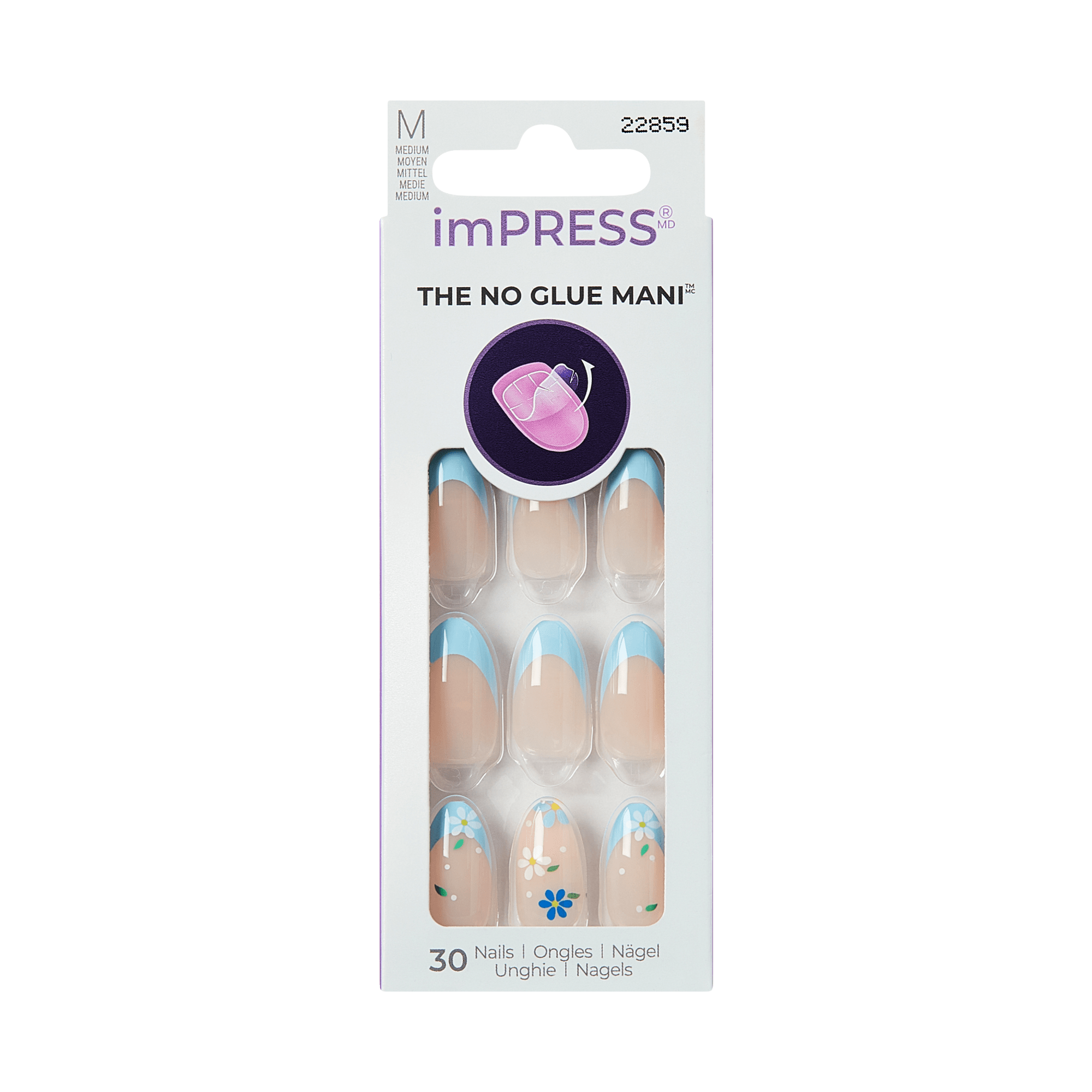 imPRESS The No Glue Mani press-on nails, medium size, blue and floral design