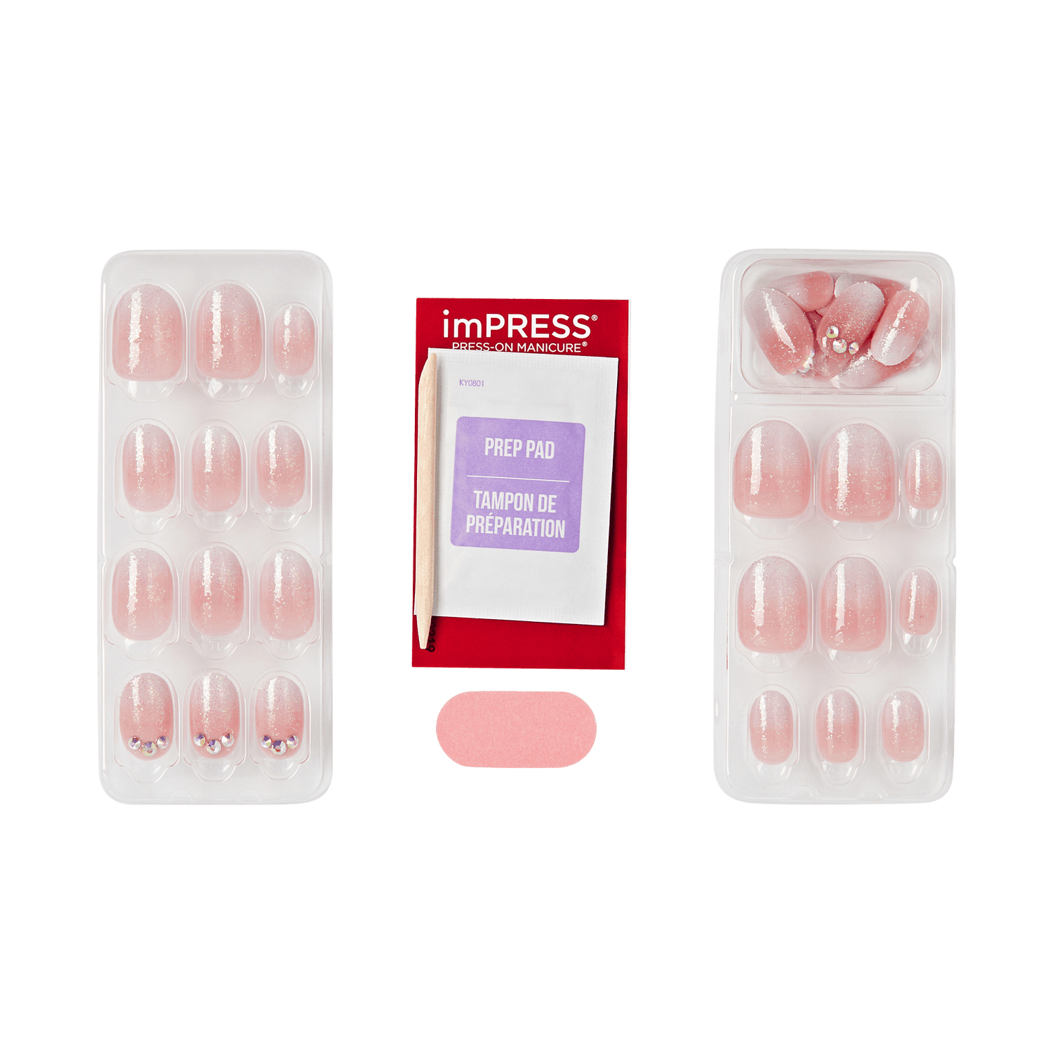 imPRESS Press-On Manicure nail sets with prep pad and application tools in pink glitter.