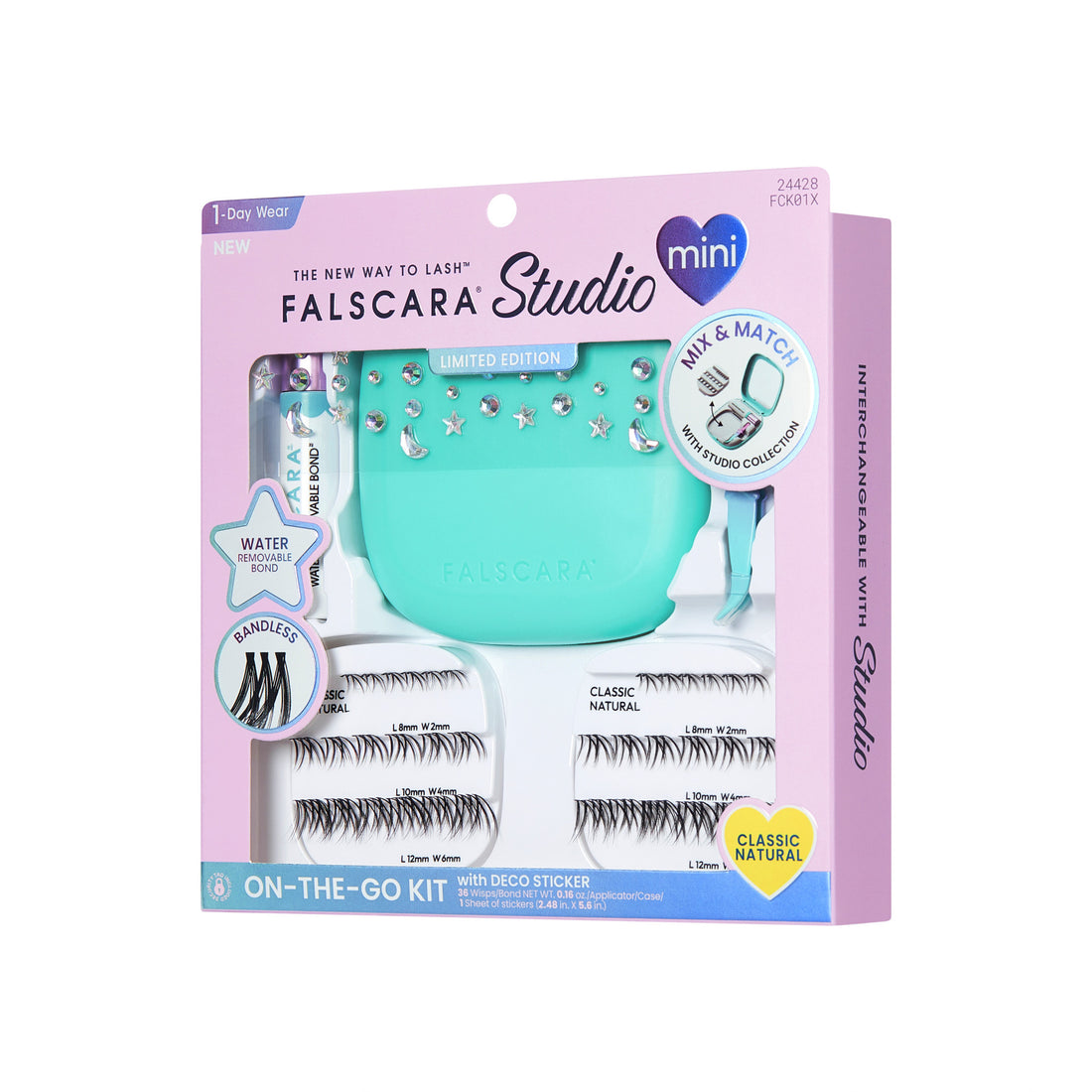 Falscara Studio Mini Limited Edition On-The-Go Lash Kit with turquoise case and false eyelashes.