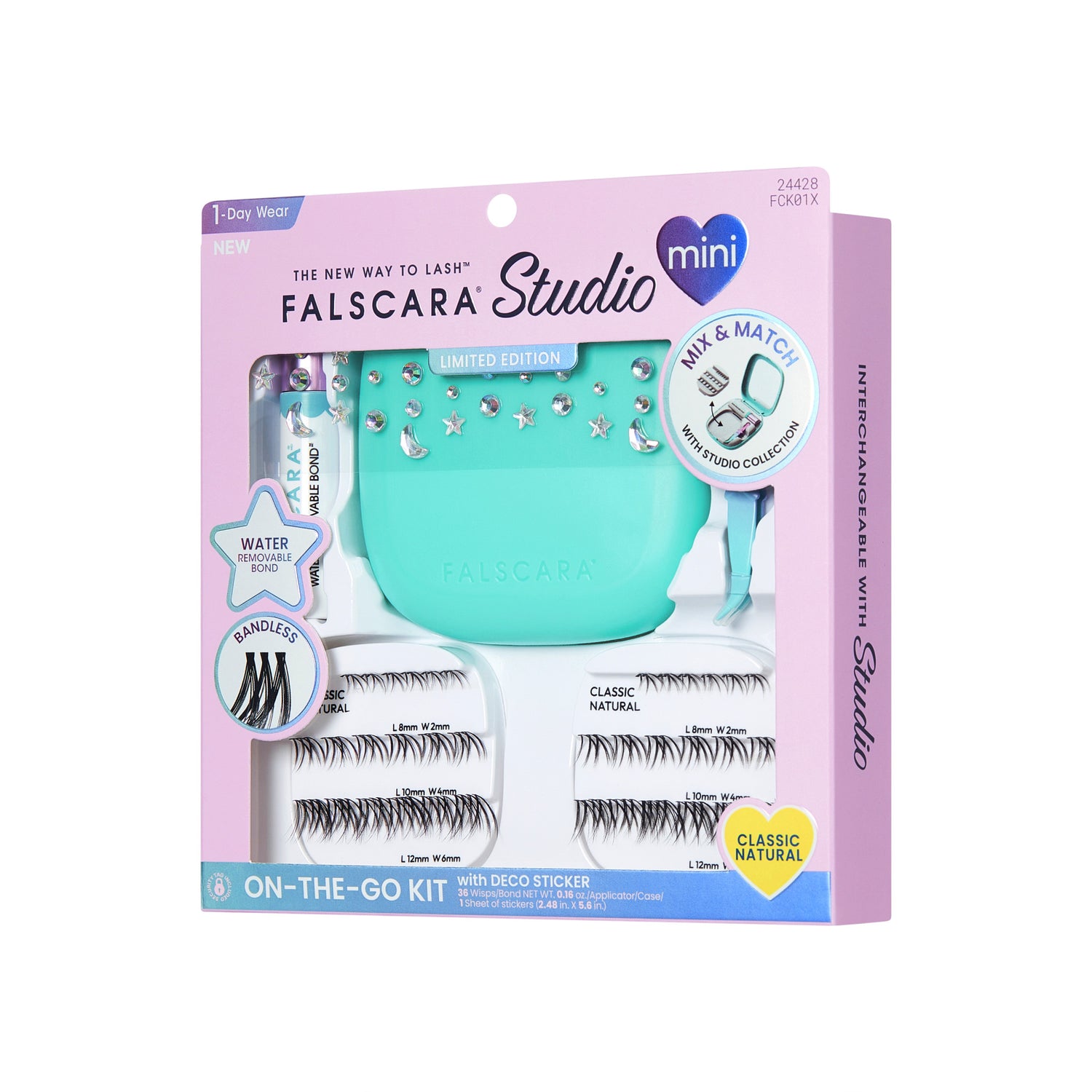 Falscara Studio Mini Limited Edition On-The-Go Lash Kit with turquoise case and false eyelashes.