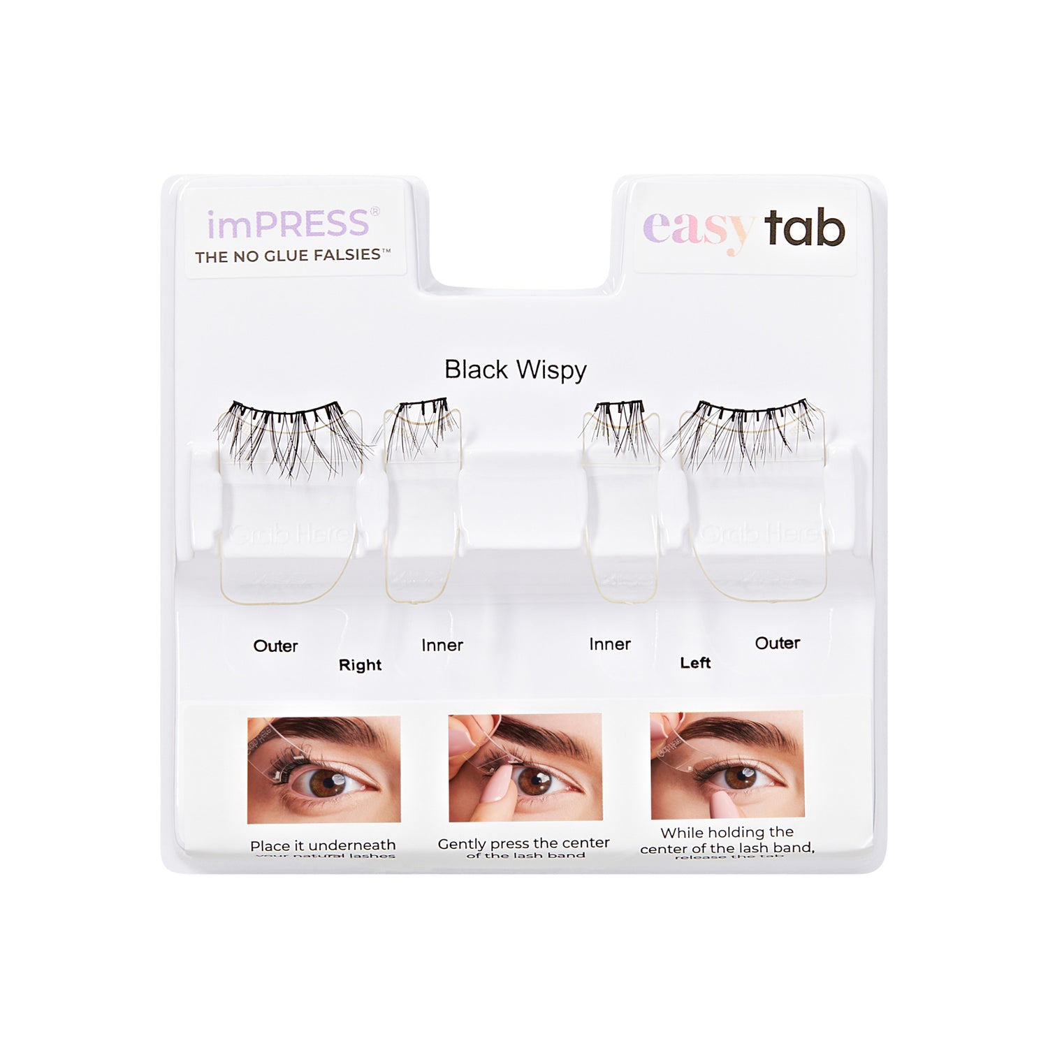 imPRESS easy tab Black Wispy false lashes with application instructions and lash placement guide.