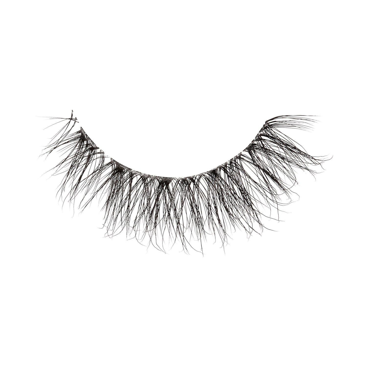 The image shows a single strip of false eyelashes. The eyelashes are black and appear to be voluminous with a wispy, natural look. The individual lashes vary in length, creating a fluttery and full appearance. The strip is curved to fit the natural shape of the eyelid.