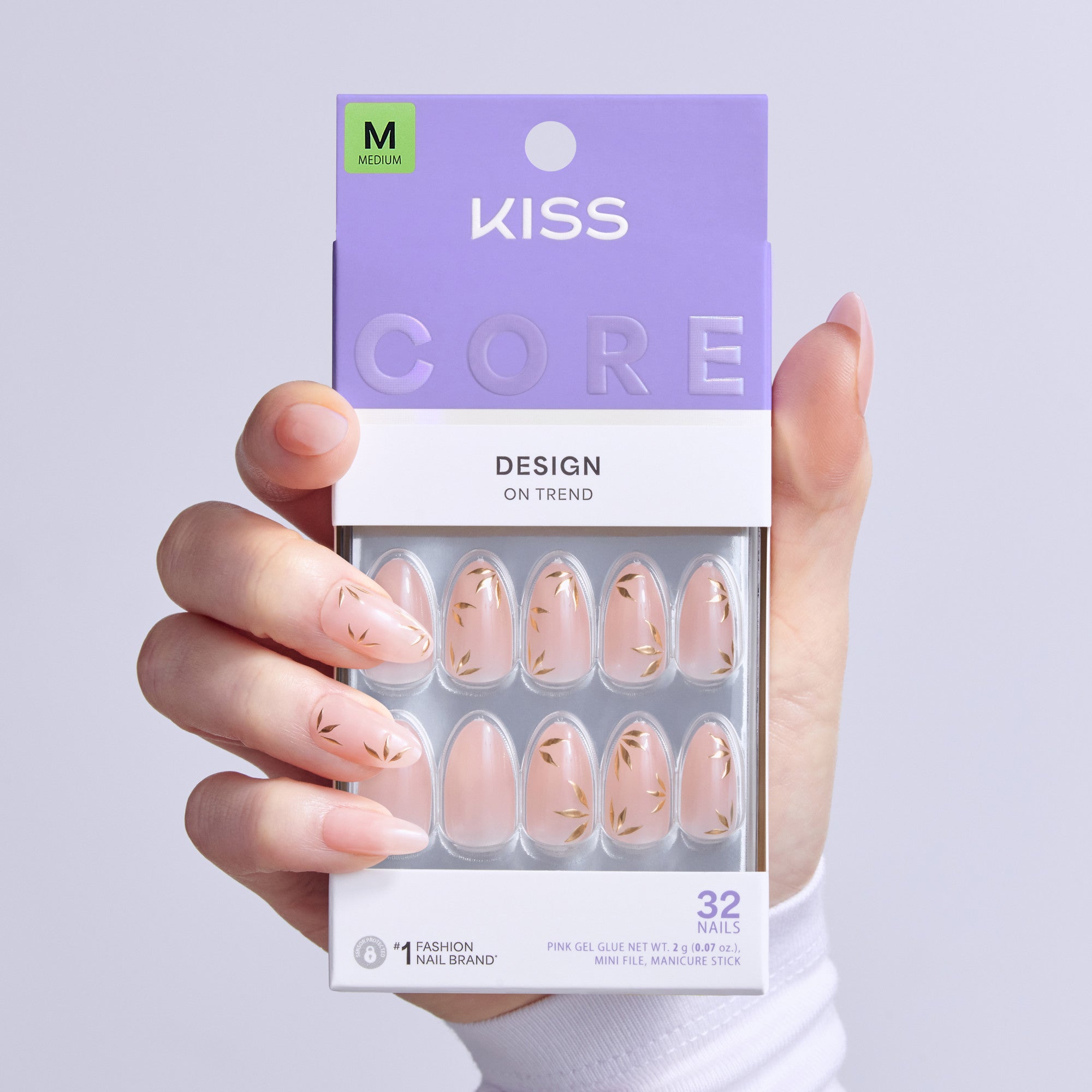 Kiss Core Design Press On Fake Glue Nails - Wherever You Go | Design, Pink, Medium, Almond
