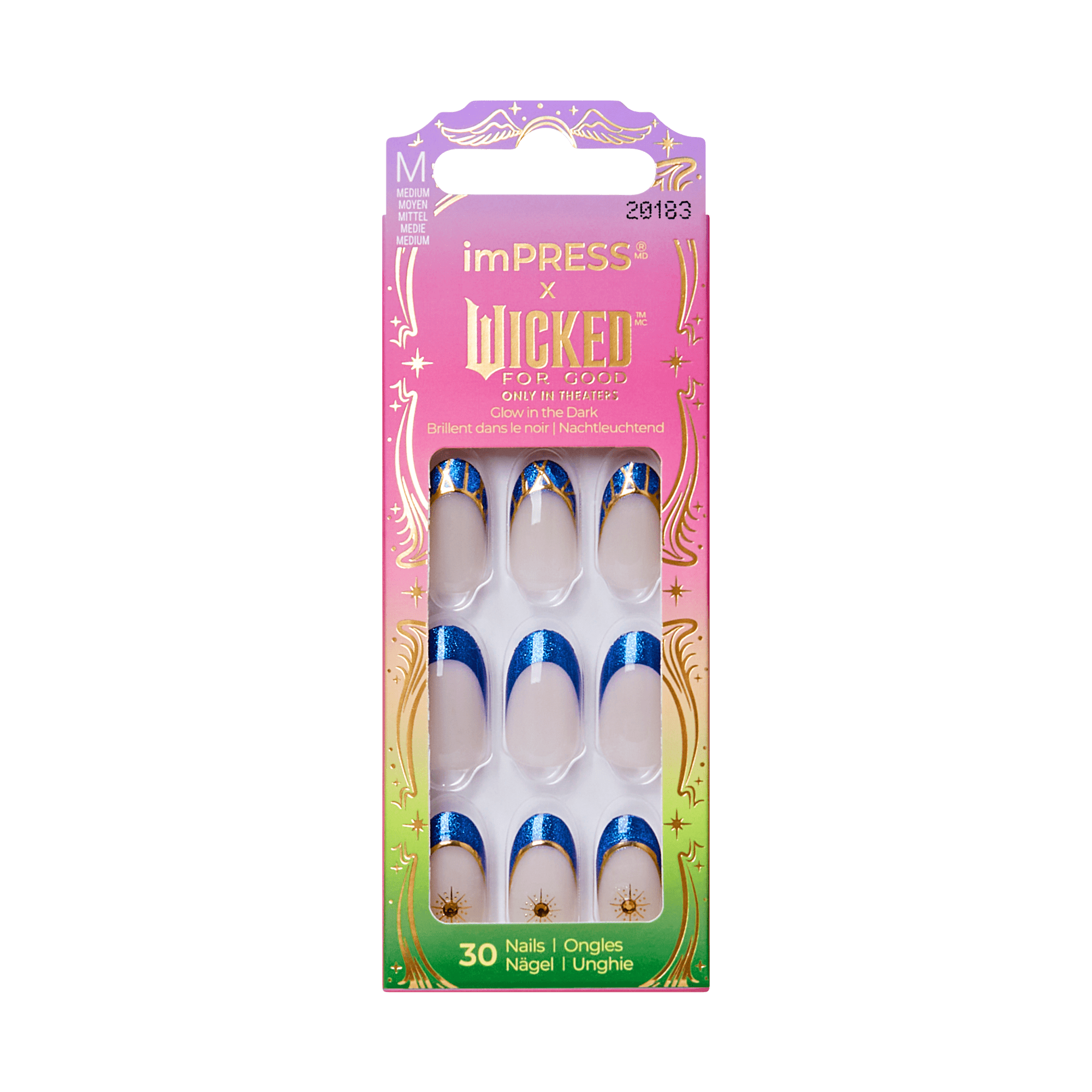 imPRESS x Wicked press-on nails, medium length, blue and gold design, glow in dark, 30 pack.