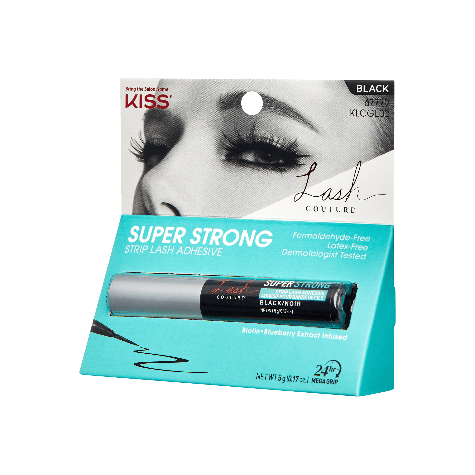 Kiss Lash Couture Super Strong Strip Lash Adhesive packaging with a green background