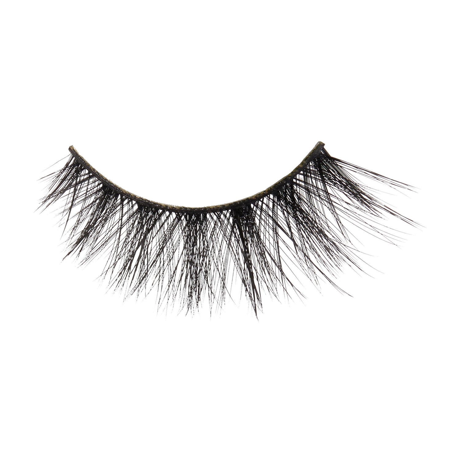 Black false eyelash with crisscrossed, wispy strands tapering at the ends, designed to enhance volume and curl for a dramatic eye look.