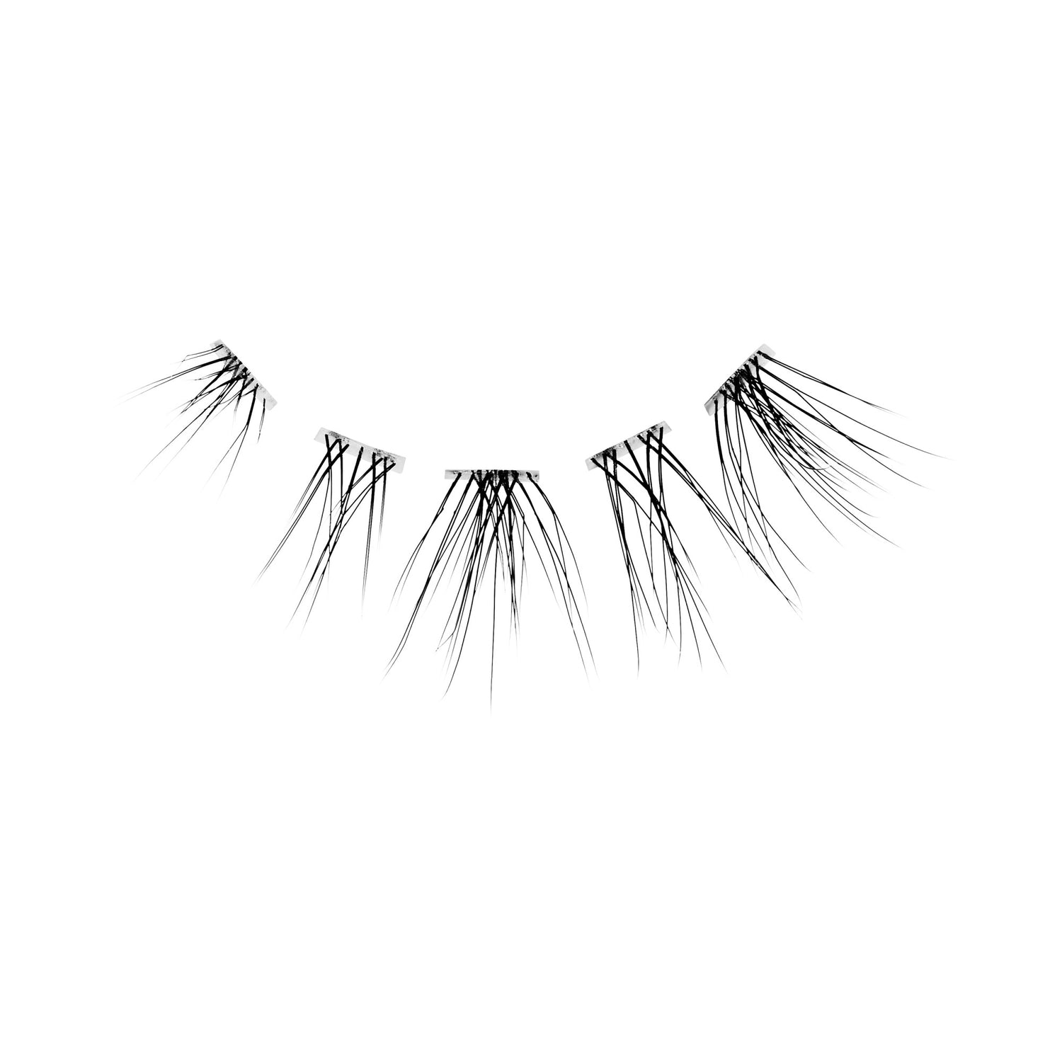 The image features a set of false eyelashes displayed against a plain white background. The lashes are long and wispy, with varying lengths that create a natural, fluttery appearance. They are arranged in a curved shape, resembling the natural arch of eyelids, and are designed to enhance the eyes by adding volume and length. The overall look is elegant and suitable for makeup applications.
