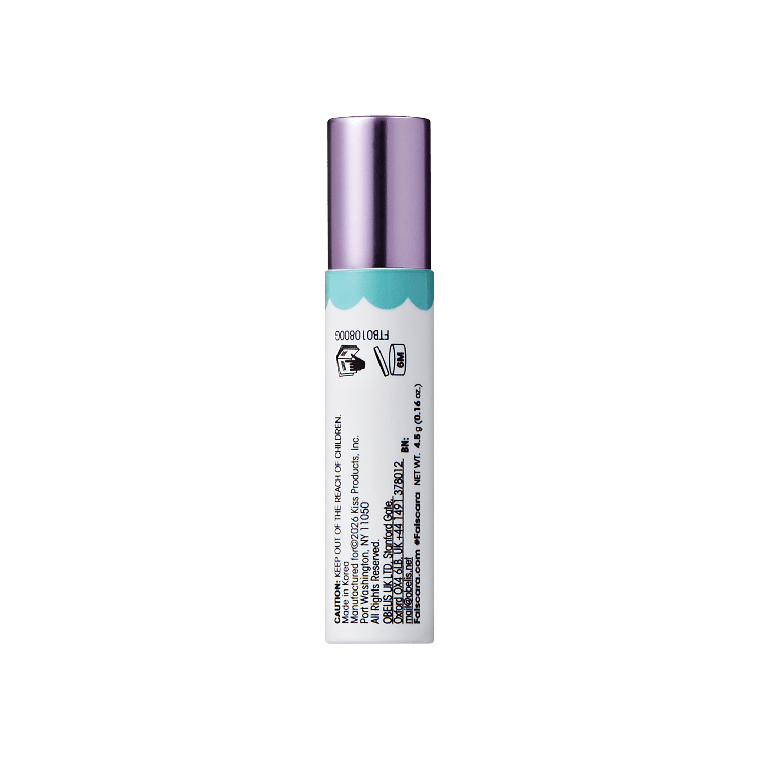Teal and white cosmetic spray bottle with purple cap and product information label