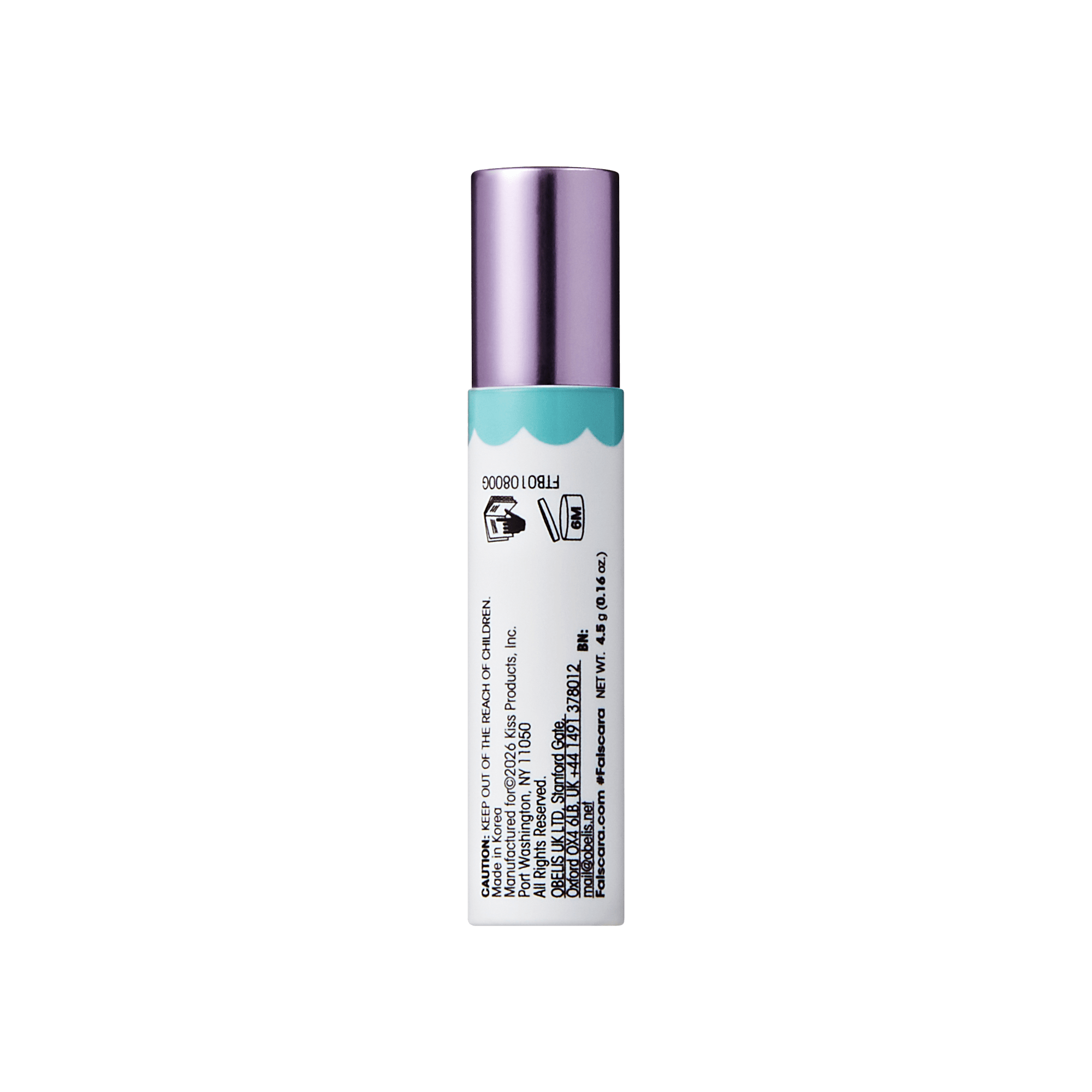 Teal and white cosmetic spray bottle with purple cap and product information label