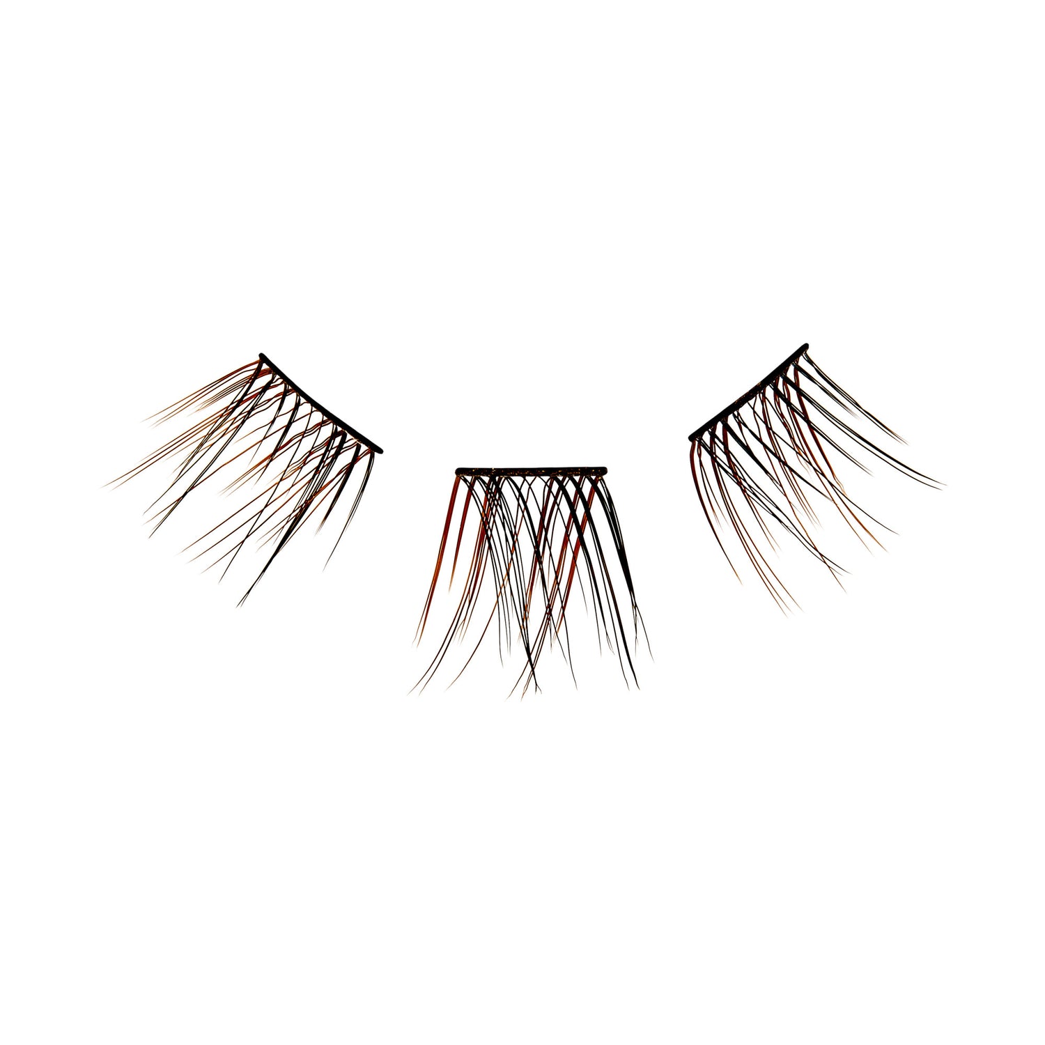 The image shows three separate pieces of false eyelashes arranged in a triangular formation. Each piece consists of multiple thin, black strands that taper to a point, mimicking the appearance of natural eyelashes. The lashes are designed to be applied to the eyelids to enhance the fullness and length of one&