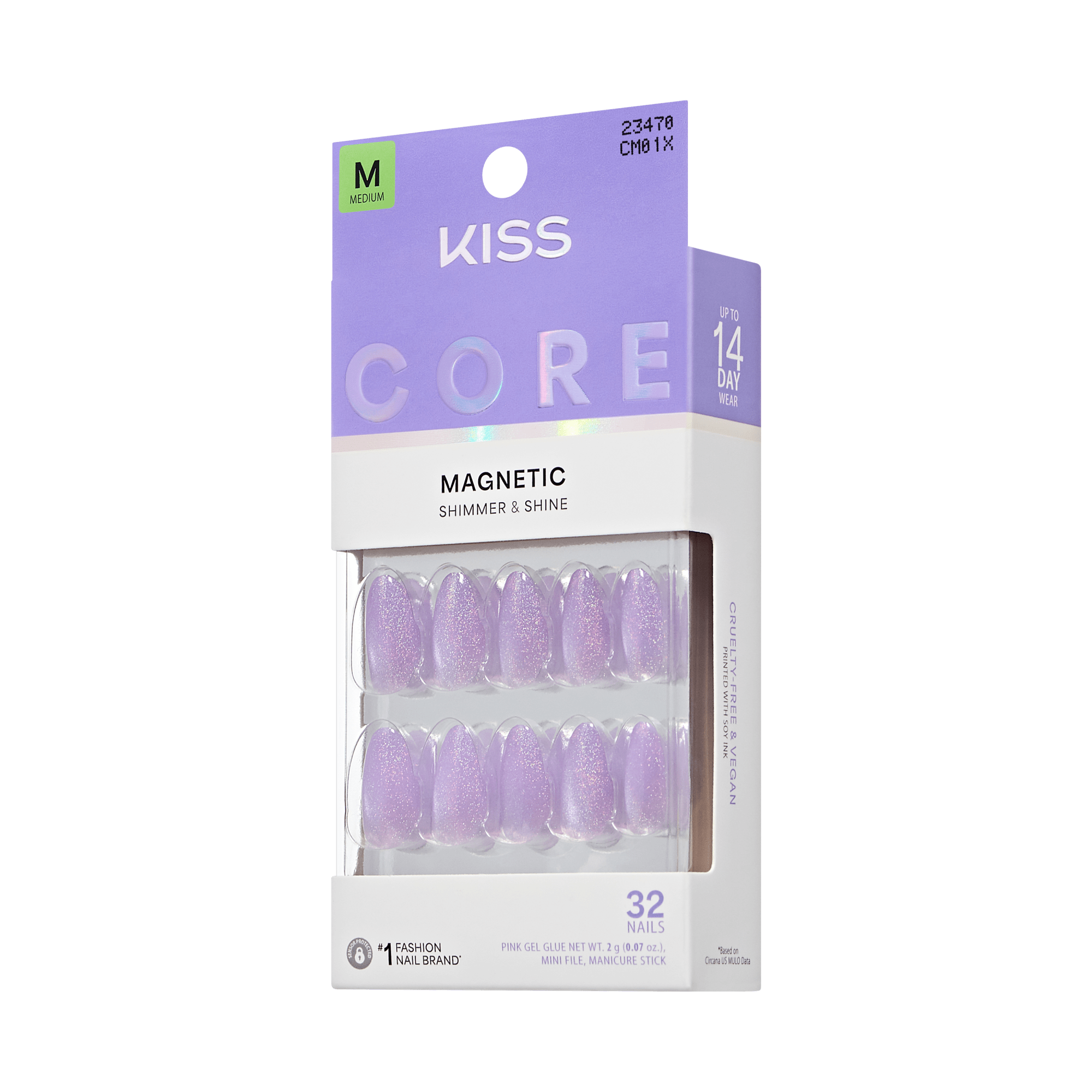 KISS Core Magnetic Shimmer &amp; Shine press-on nails, medium size, 32 nails, purple glitter finish.