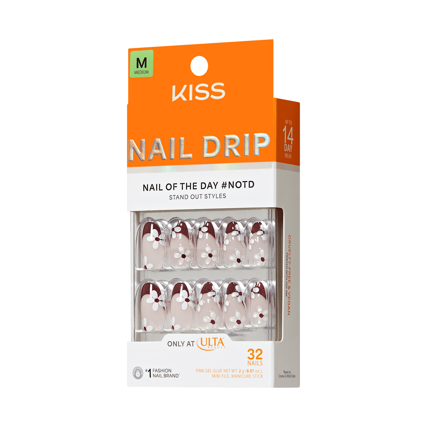 KISS Nail Drip medium press-on nails with burgundy and white floral design, 32 count.