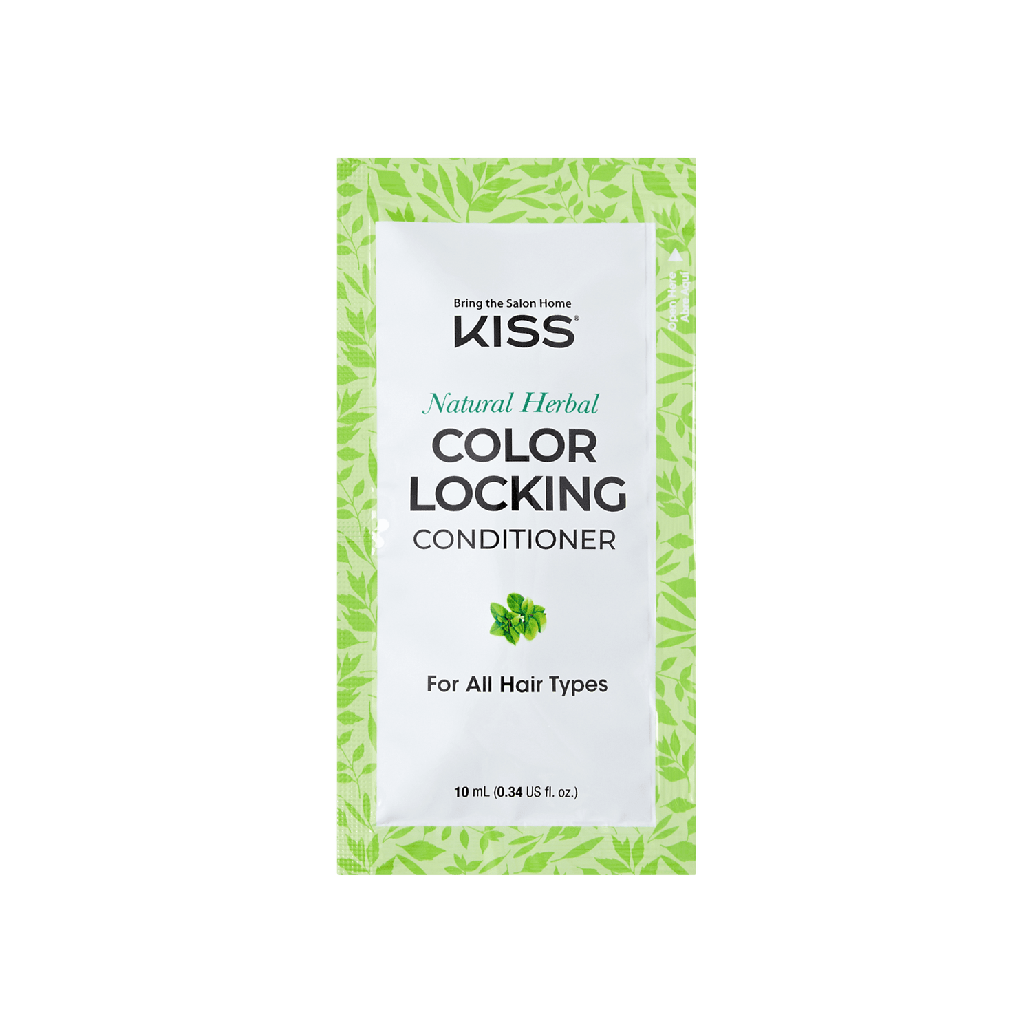 KISS Natural Herbal Color Locking Conditioner sachet with green leaf border, labeled for all hair types, 10 mL size.