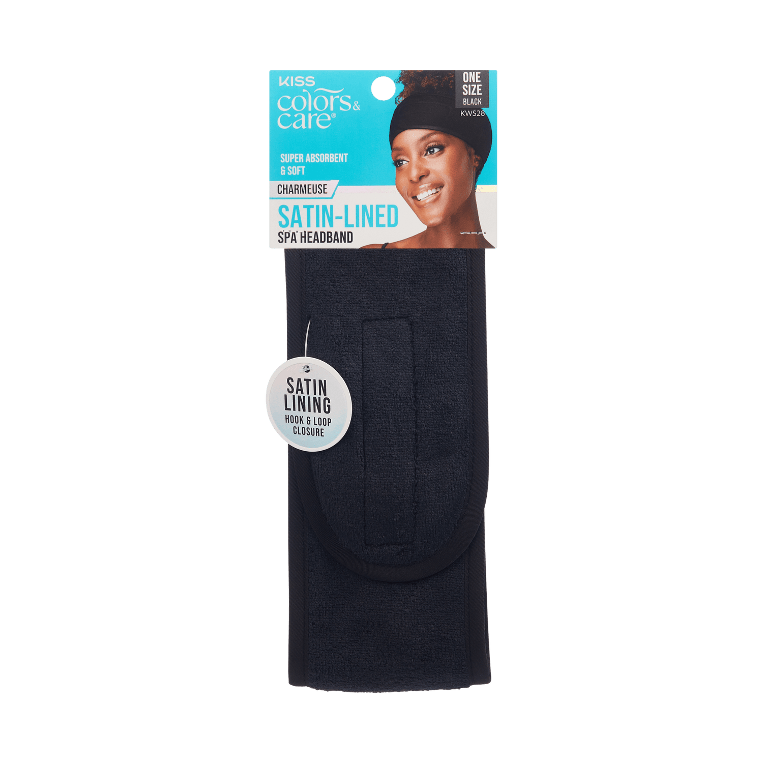 Black satin-lined spa headband packaged with a smiling woman wearing it. Text highlights "Super absorbent &amp; soft," "Charmeuse satin-lined," and "One size."