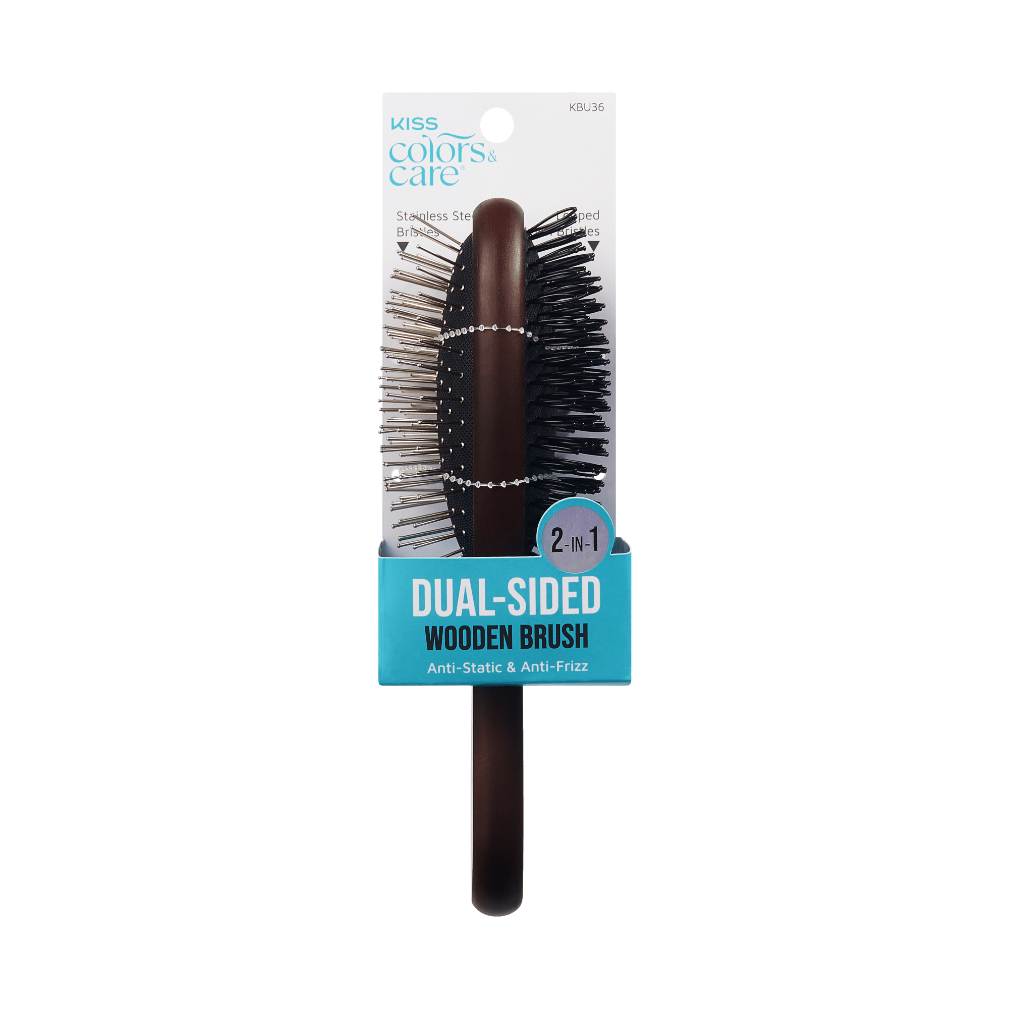 KISS Colors &amp; Care dual-sided wooden wig brush with stainless steel and plastic bristles, labeled 2-in-1, anti-static and anti-frizz.
