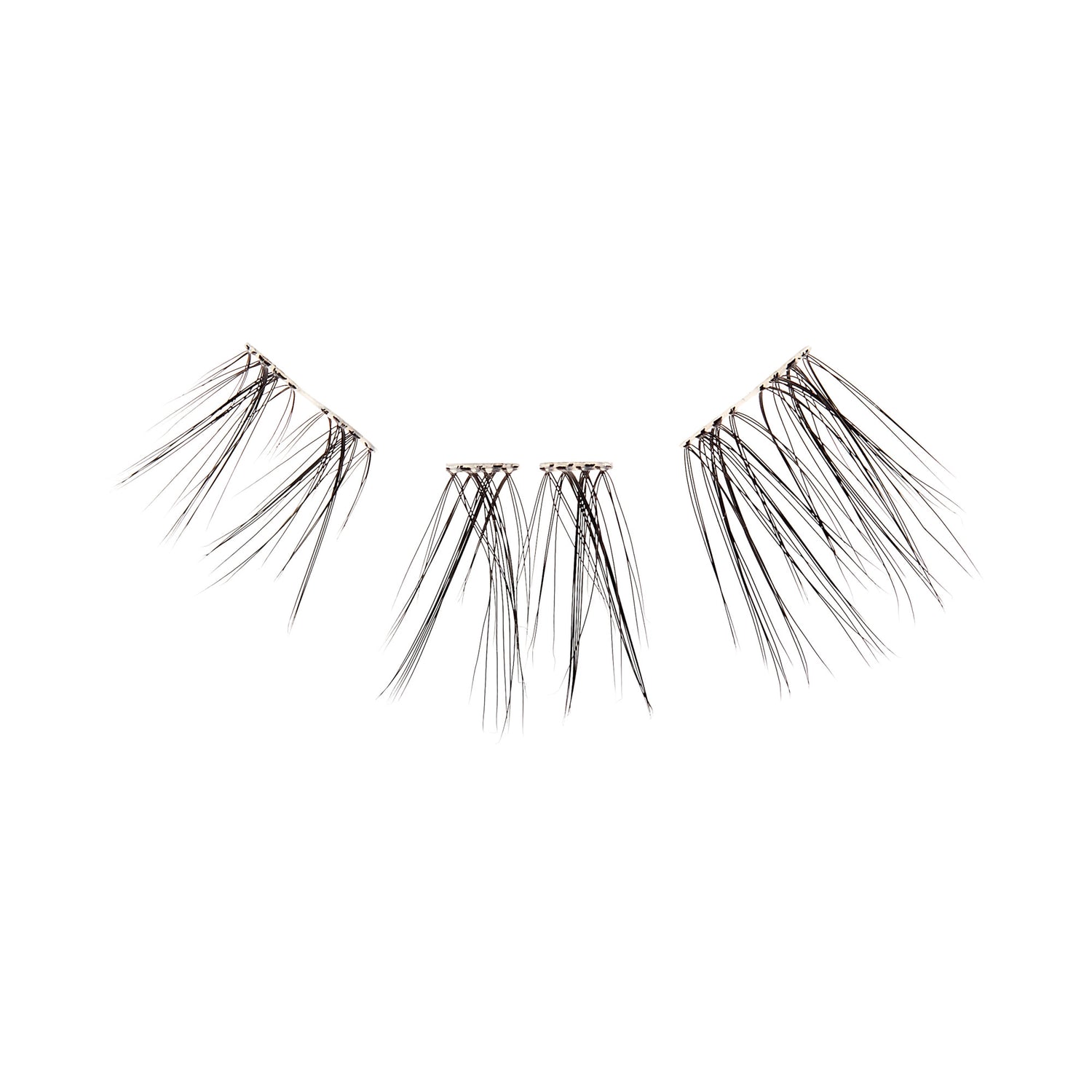 The image shows a set of false eyelashes. The eyelashes are segmented into three distinct clusters, each with long, fine, black strands. The clusters are designed to be applied to the outer corners of the eyes, providing a fuller and more dramatic look. The lashes appear to be made of synthetic fibers and are arranged in a way that mimics the natural growth pattern of eyelashes.