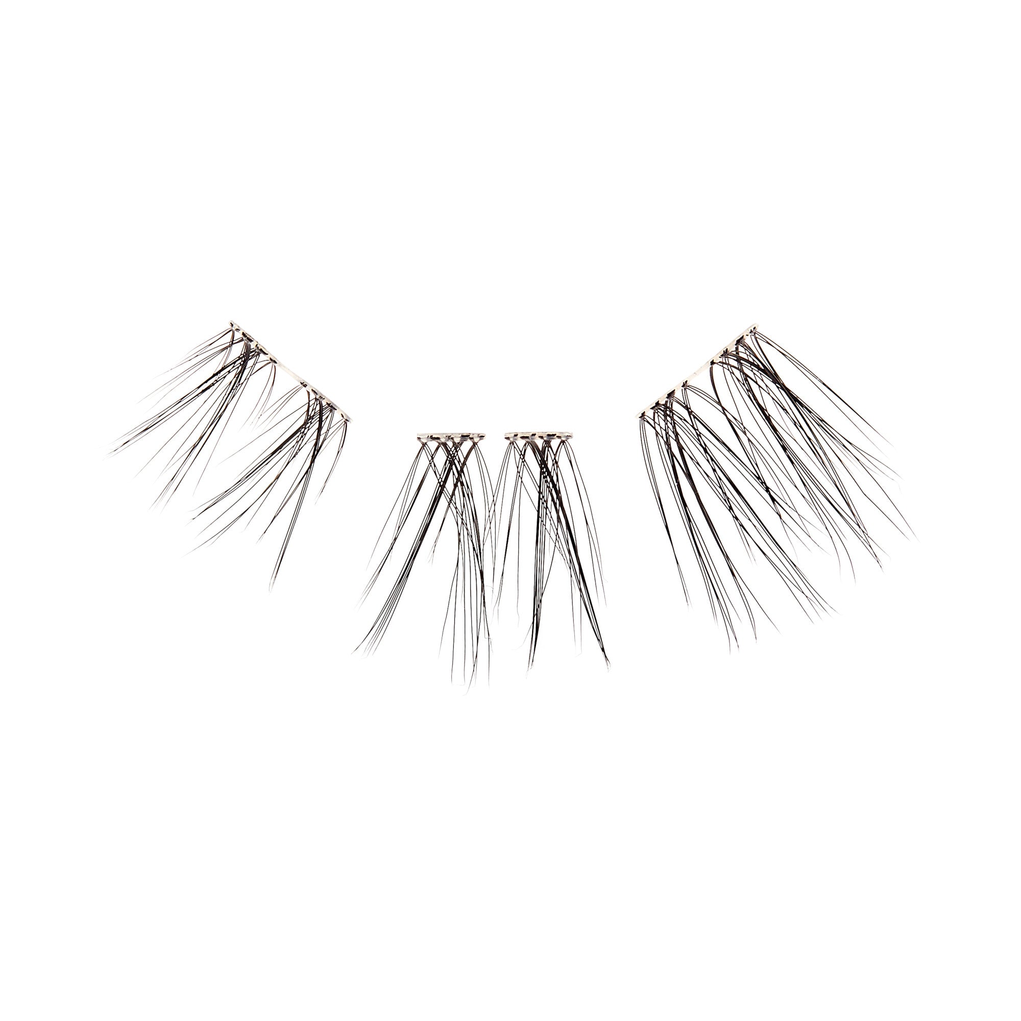 The image shows a set of false eyelashes. The eyelashes are segmented into three distinct clusters, each with long, fine, black strands. The clusters are designed to be applied to the outer corners of the eyes, providing a fuller and more dramatic look. The lashes appear to be made of synthetic fibers and are arranged in a way that mimics the natural growth pattern of eyelashes.