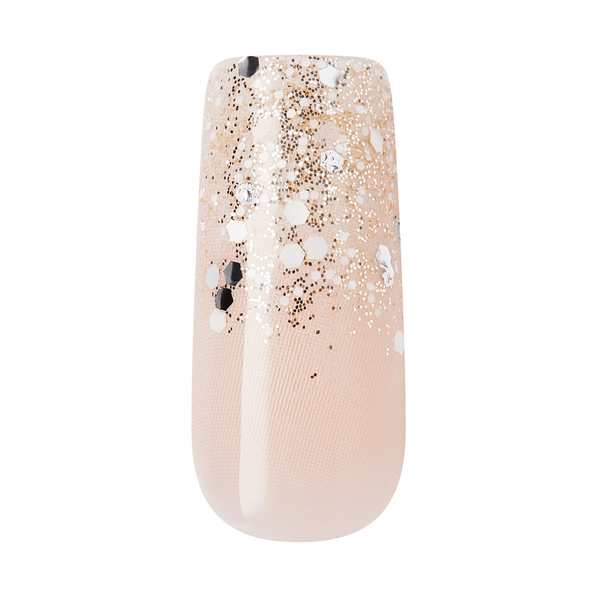 Nude gel manicure with gold and silver glitter gradient ombre design