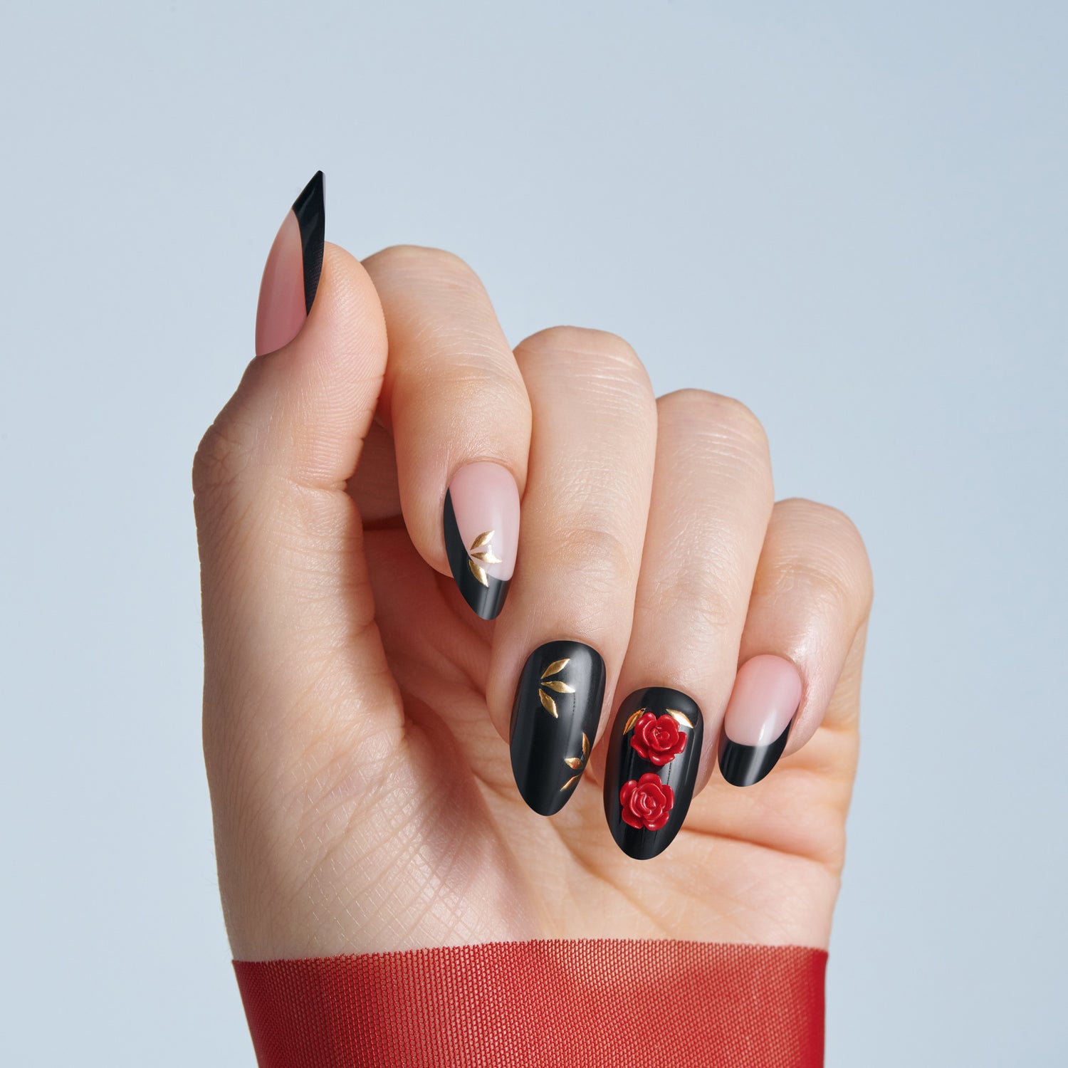 Kiss Haunt Halloween Press On Fake Glue Nails - Drop Dead Gorgeous | French Design, Black &amp; Red, Medium, Almond, Glow In The Dark