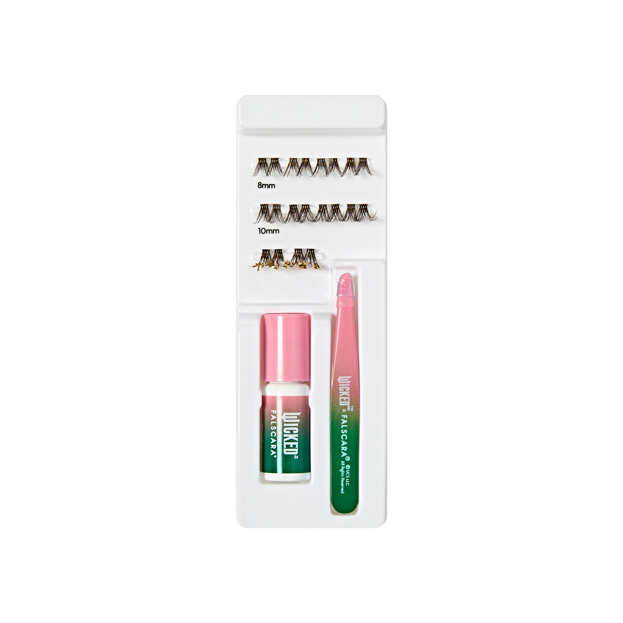 The image features a beauty product kit designed for eyelash application. It includes several pairs of false eyelashes in two different lengths: 8mm and 10mm. The kit also contains a small bottle of adhesive for securing the lashes and a pink applicator tool for easy placement. All items are neatly arranged in a white plastic tray.