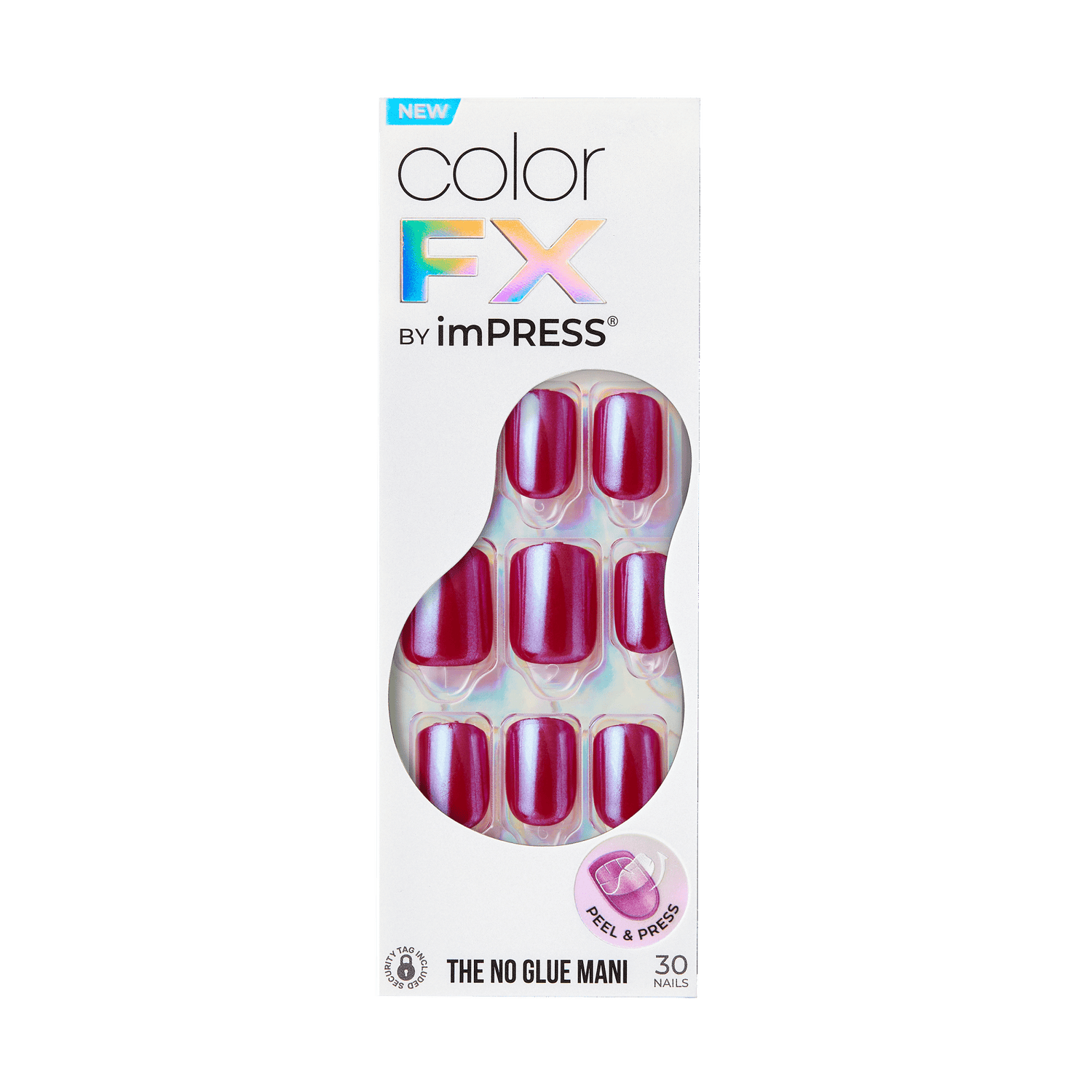 The image shows a product package for "Color FX by imPRESS." The package contains 30 artificial nails, which are displayed through a transparent window in the packaging. The nails are a vibrant red color. The packaging highlights that this is a "No Glue Mani" and includes a "Peel &amp; Press" feature for easy application. The background of the packaging is white with colorful, holographic accents.
