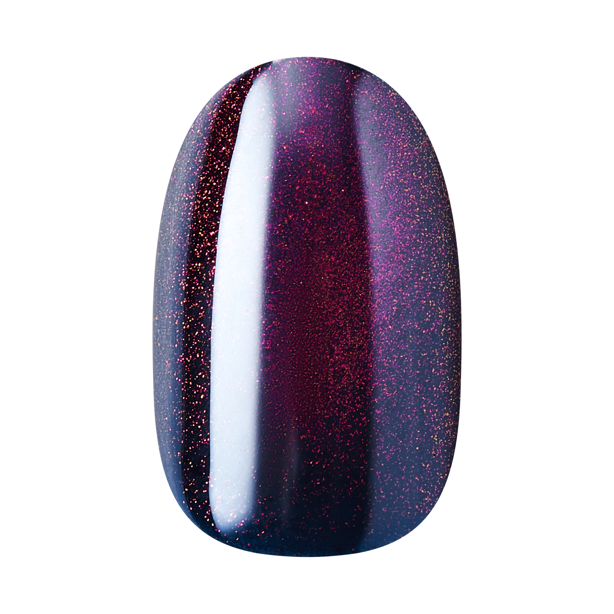 Dark purple glitter nail polish with reflective finish on white background