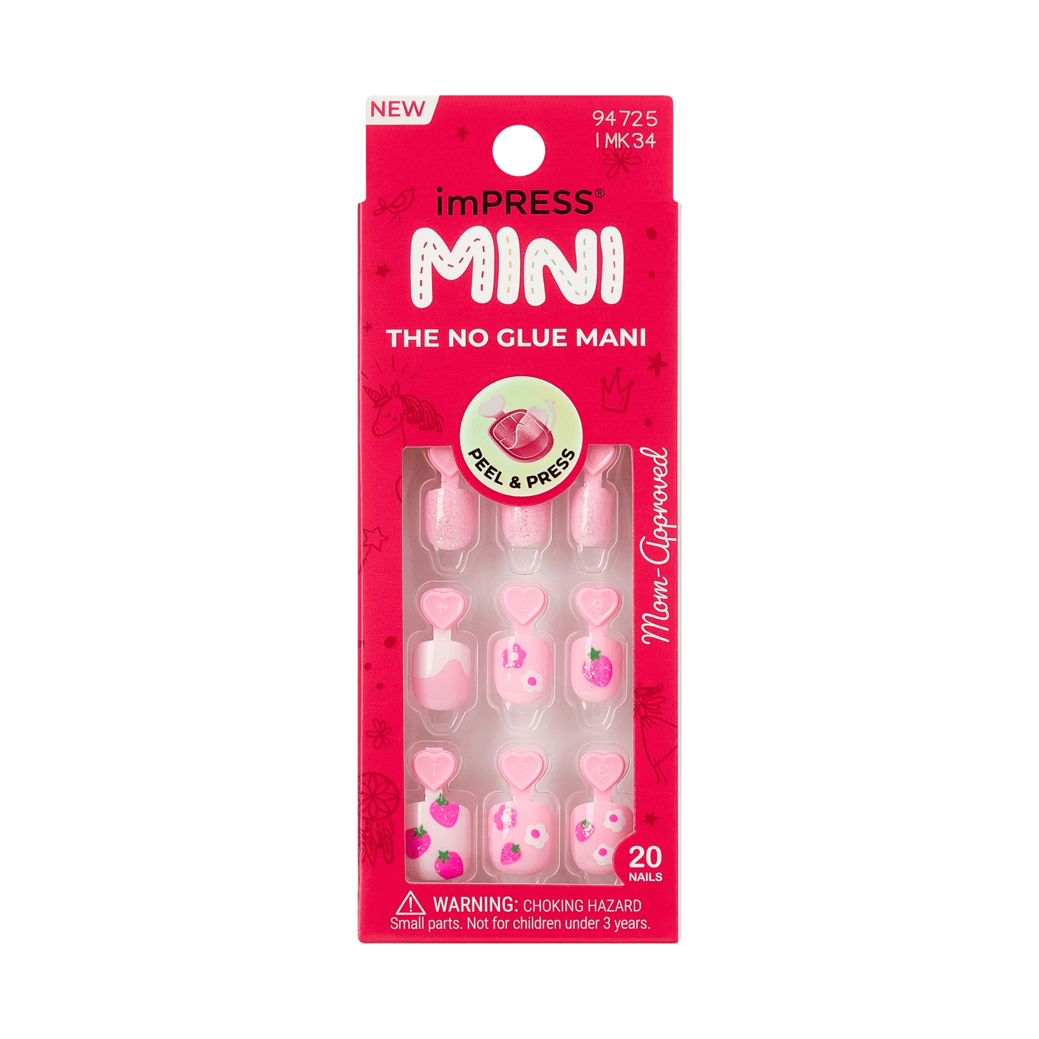 imPRESS Mini press-on nails, peel &amp; press, 20 nails, pink with strawberry designs