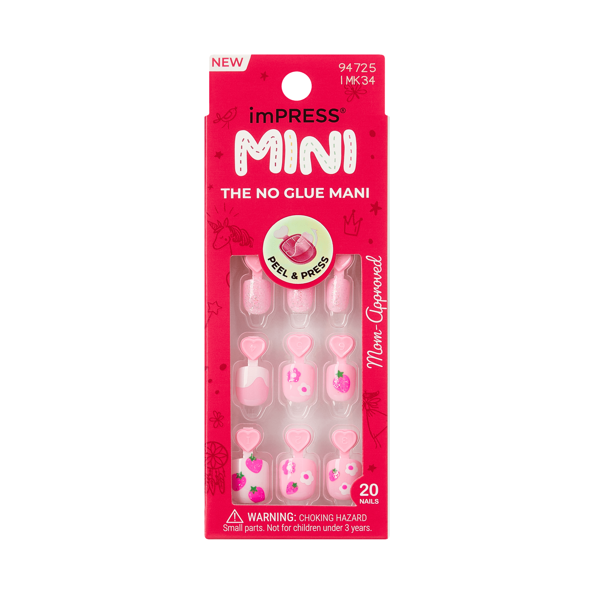 imPRESS Mini press-on nails, peel &amp; press, 20 nails, pink with strawberry designs