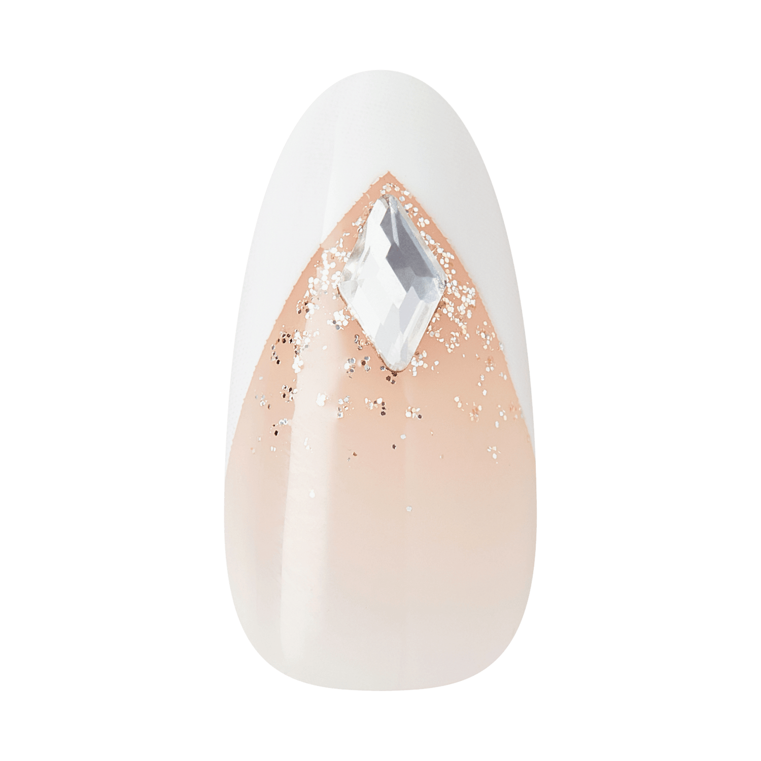 Almond-shaped nail with nude base, teardrop crystal centerpiece, and glitter accent design.