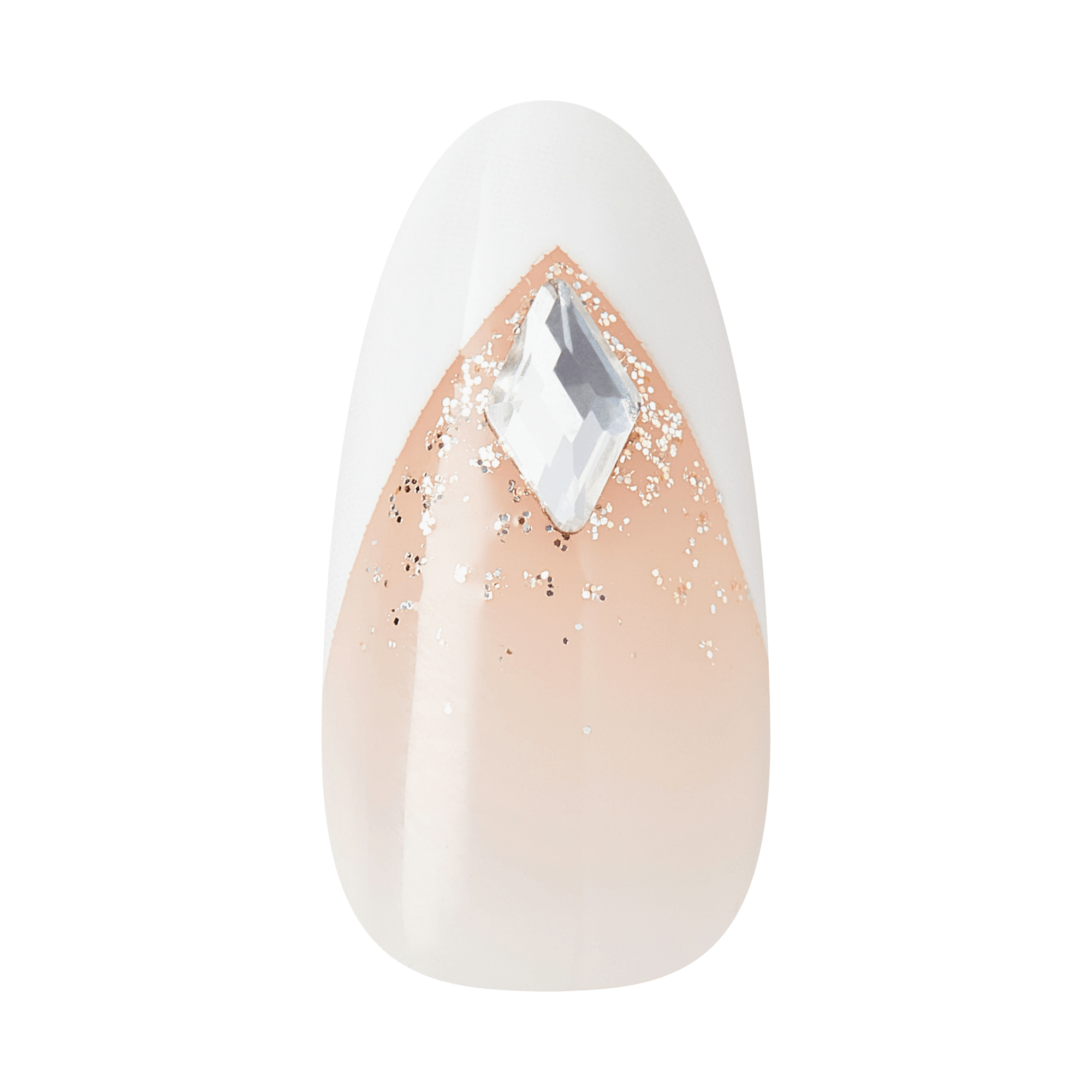Almond-shaped nail with nude base, teardrop crystal centerpiece, and glitter accent design.