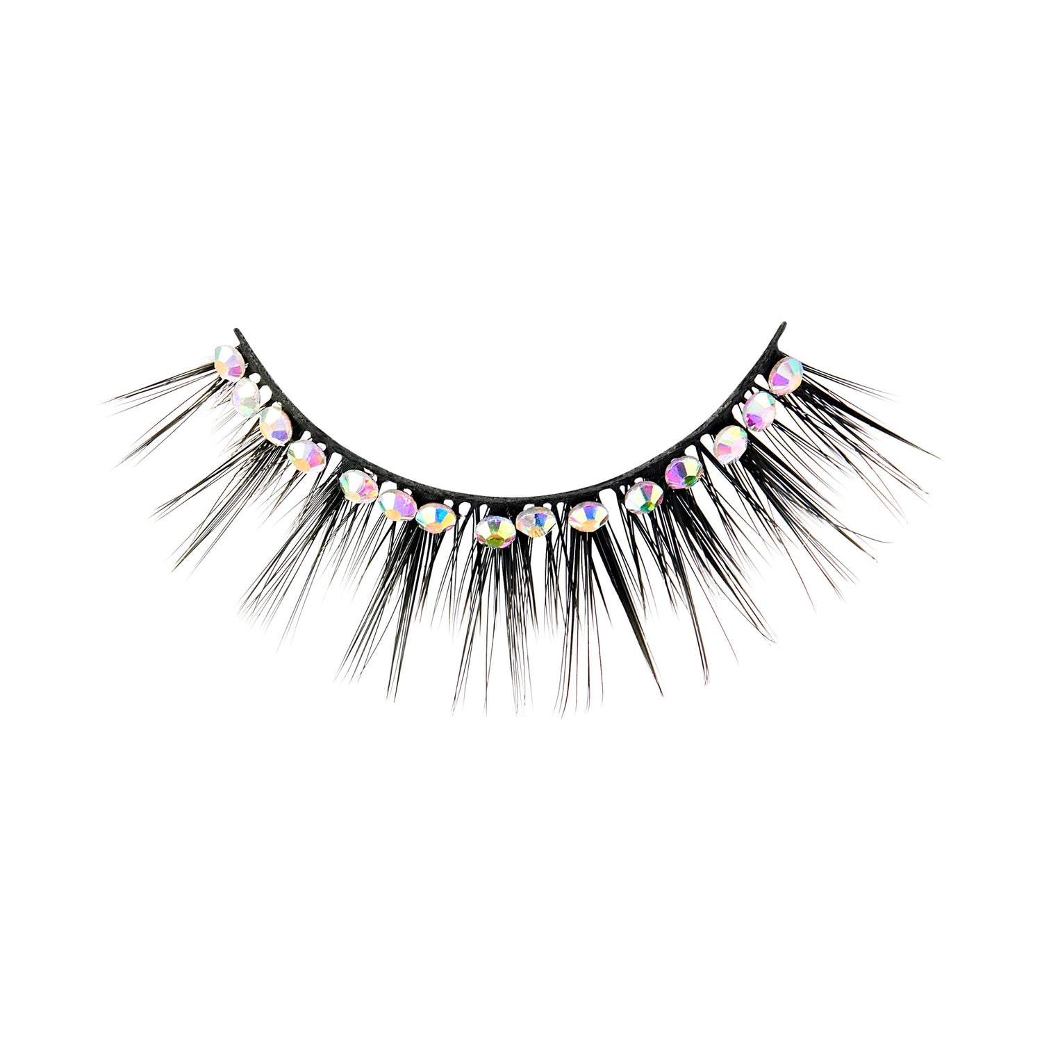 Black false eyelash strip decorated with evenly spaced, iridescent gem stickers, shown against a white background.
