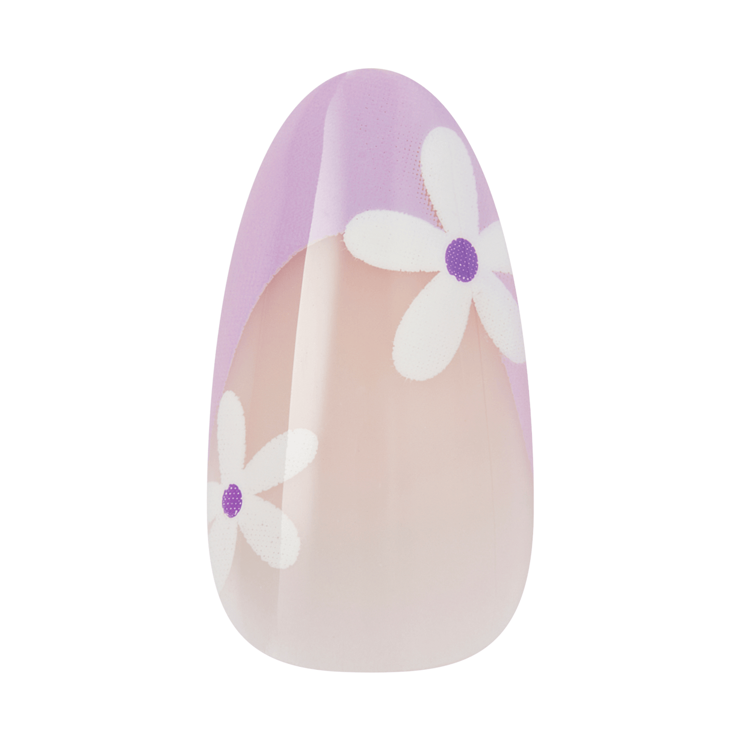 Decorative Easter egg with white flowers and purple centers on pink and lavender gradient background.