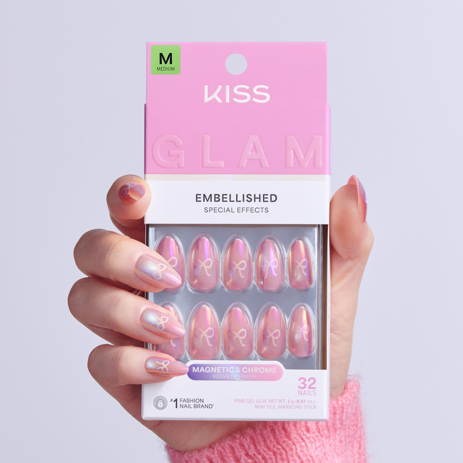 Kiss Glam Embellished Press On Fake Glue Nails - Happy Friday | 3D &amp; Jewel Design, Pink, Medium, Almond