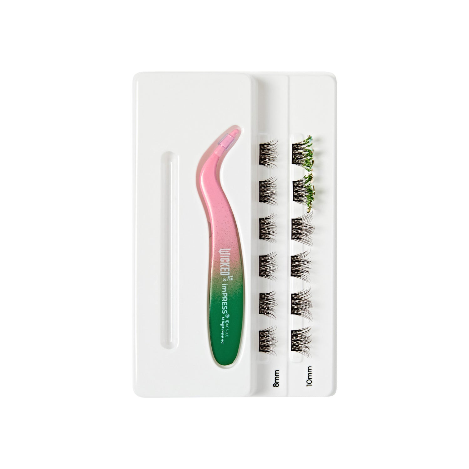 The image features a lash extension kit. It includes a pair of tweezers with a pink and green gradient handle, designed for precision application. Next to the tweezers, there are two rows of false eyelashes, labeled with their lengths: 8mm and 10mm. The lashes are arranged neatly on a white tray, showcasing a variety of styles for eyelash extensions. The overall presentation is clean and organized, ideal for beauty professionals or enthusiasts.