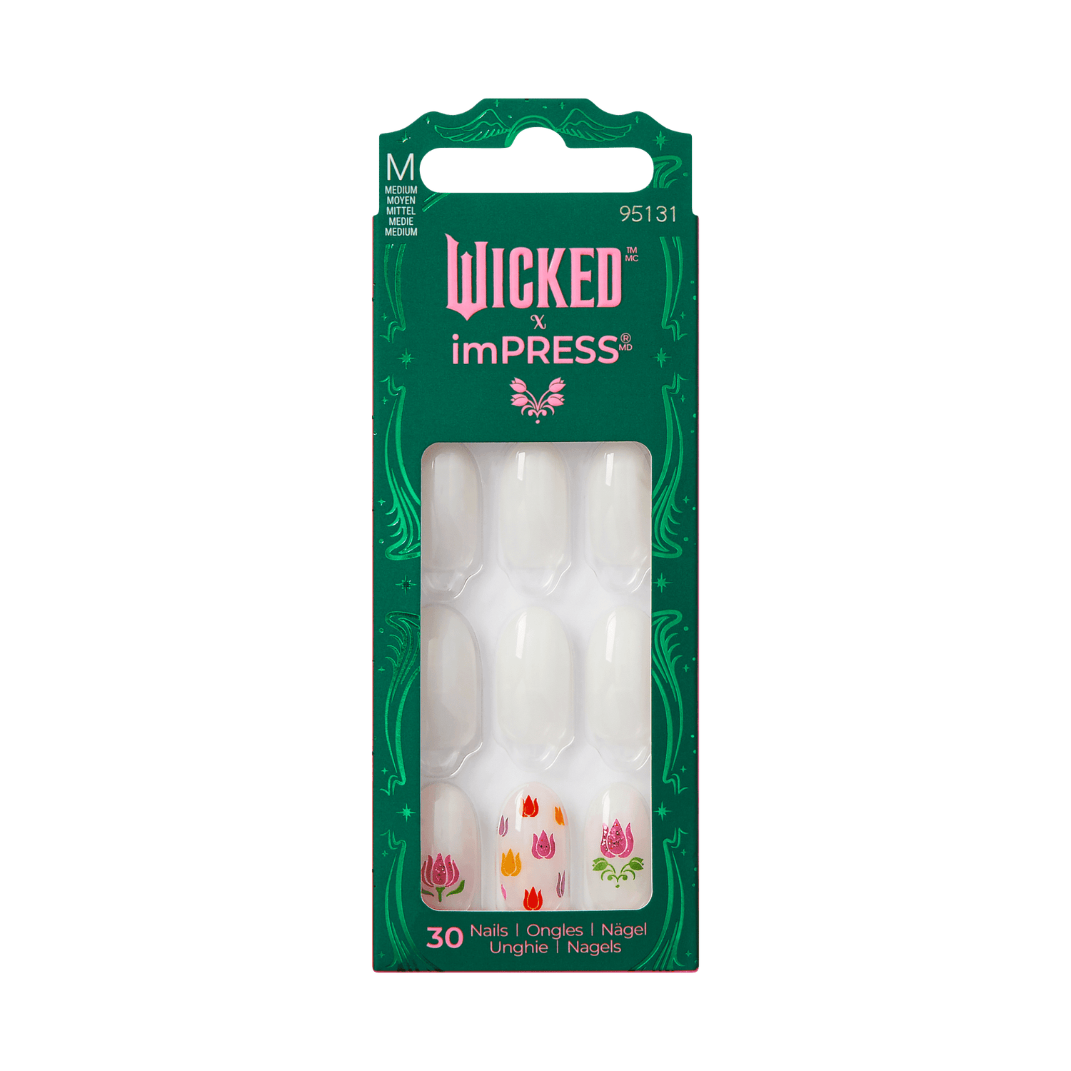 The image features a packaging for a set of press-on nails from the Wicked x imPRESS collaboration. The box is predominantly green and showcases a total of 30 nails. The design includes floral motifs, with vibrant colors and a stylish font. The packaging highlights the ease of use and the variety of nail designs included in the set.