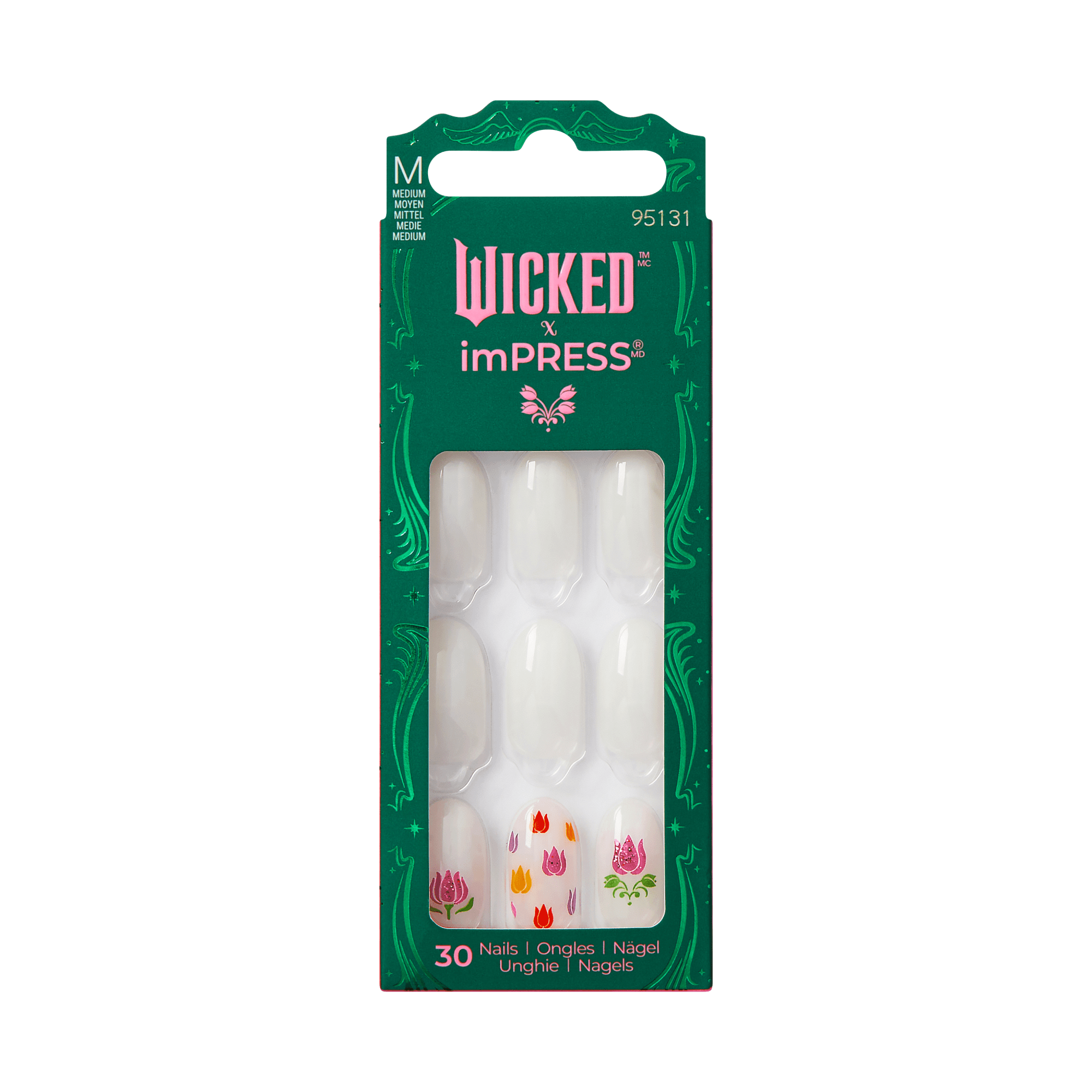 The image features a packaging for a set of press-on nails from the Wicked x imPRESS collaboration. The box is predominantly green and showcases a total of 30 nails. The design includes floral motifs, with vibrant colors and a stylish font. The packaging highlights the ease of use and the variety of nail designs included in the set.