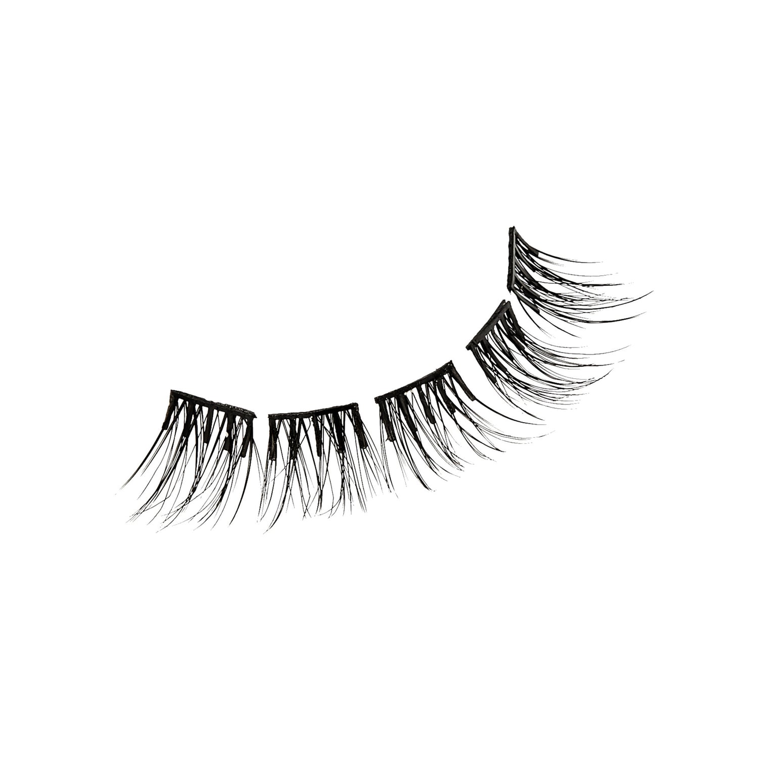 Five segments of natural-style imPRESS Falsies self-adhesive black eyelash clusters displayed in a curved arrangement on a white background.