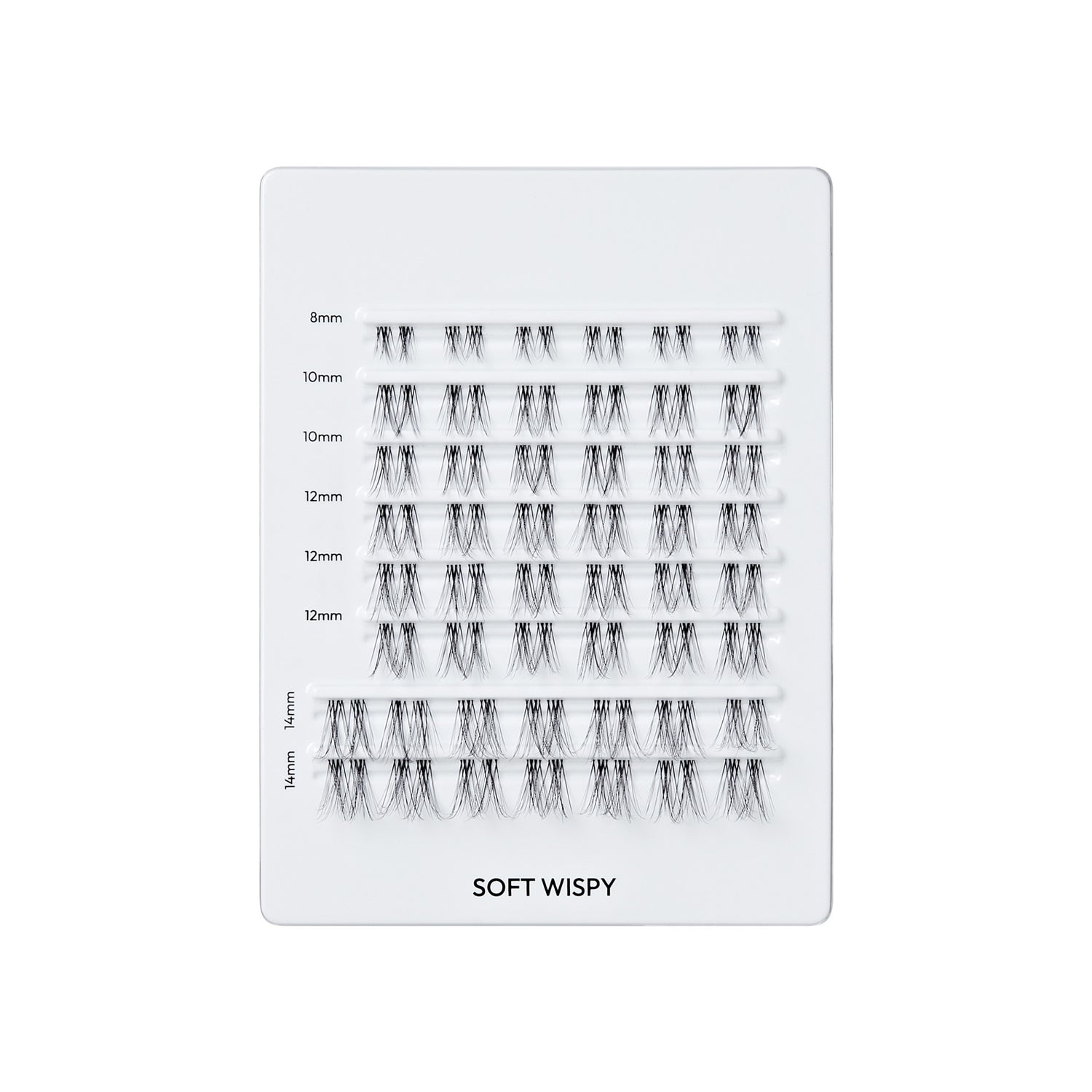 Soft Wispy lash extension sample palette with sizes 8mm-14mm in various styles.