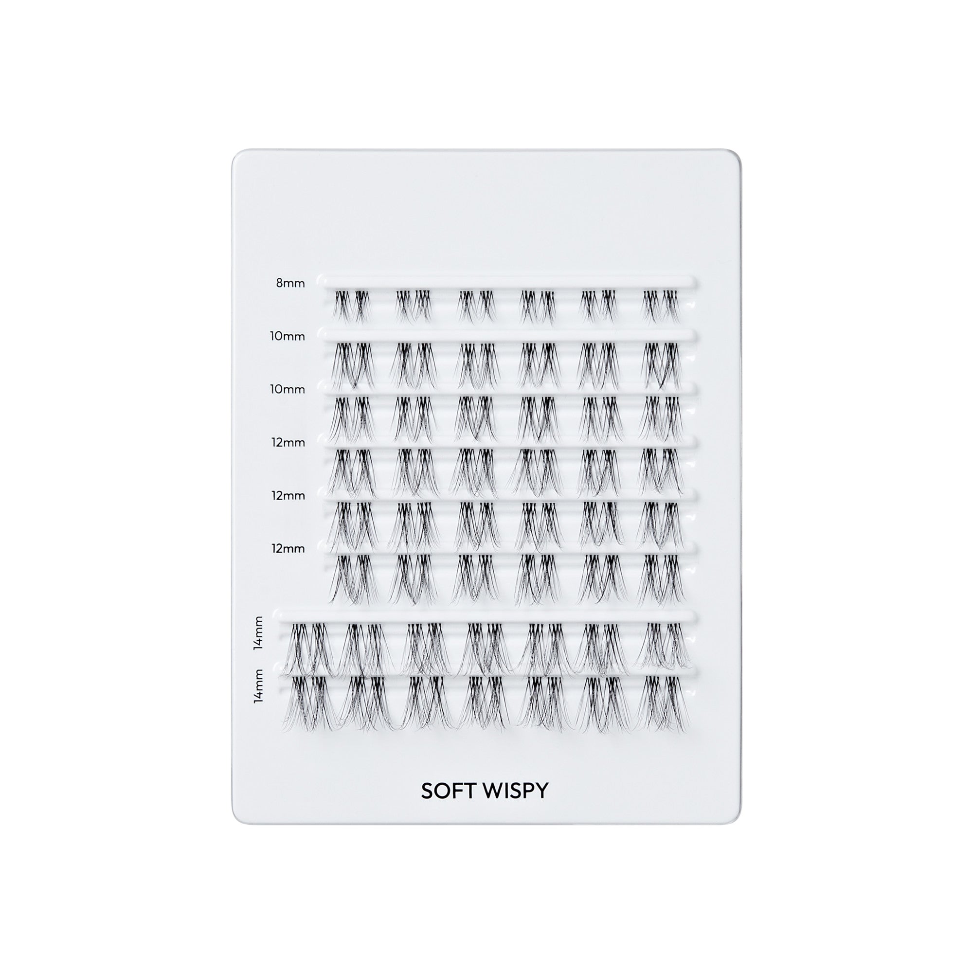 Soft Wispy lash extension sample palette with sizes 8mm-14mm in various styles.