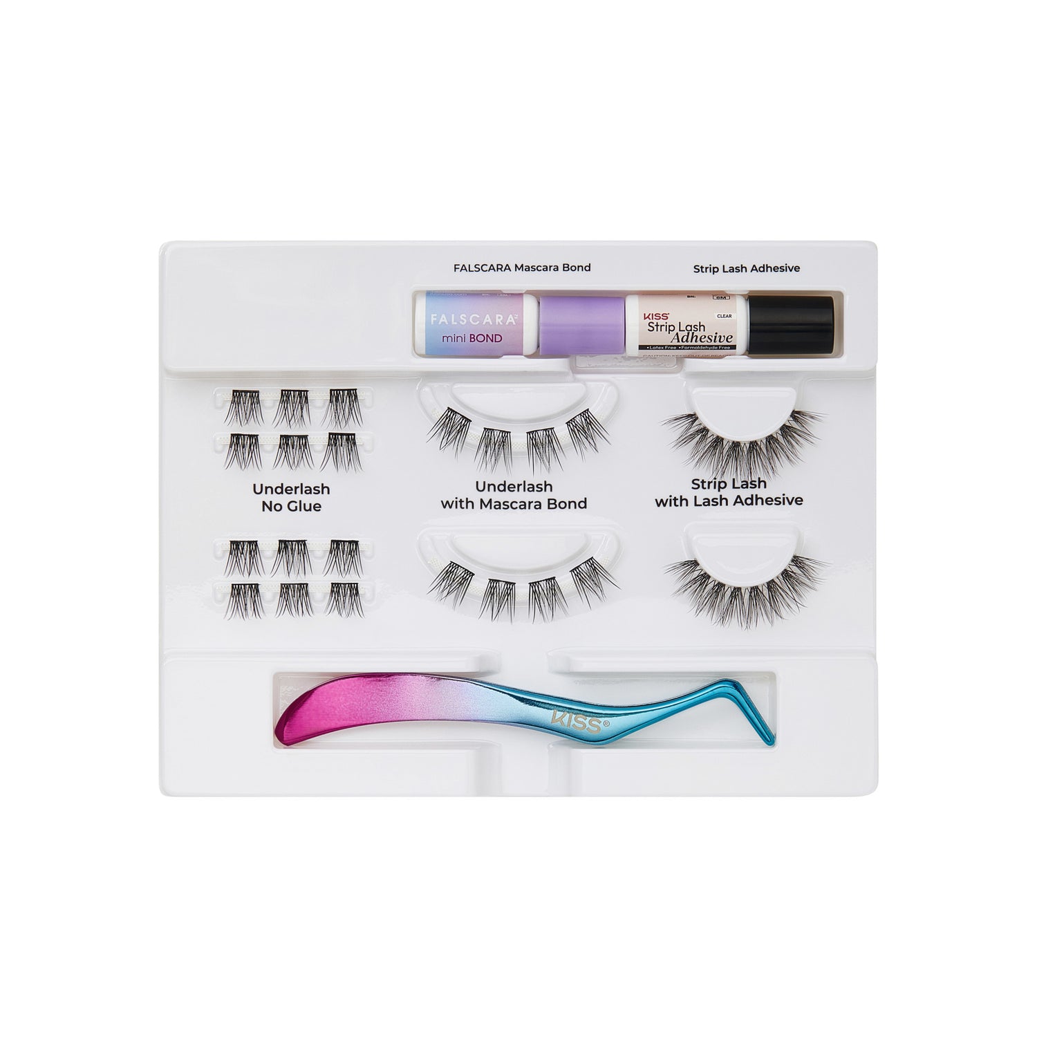 KISS lash kit with mascara bond, strip lash adhesive, underlashes, and applicator tool.