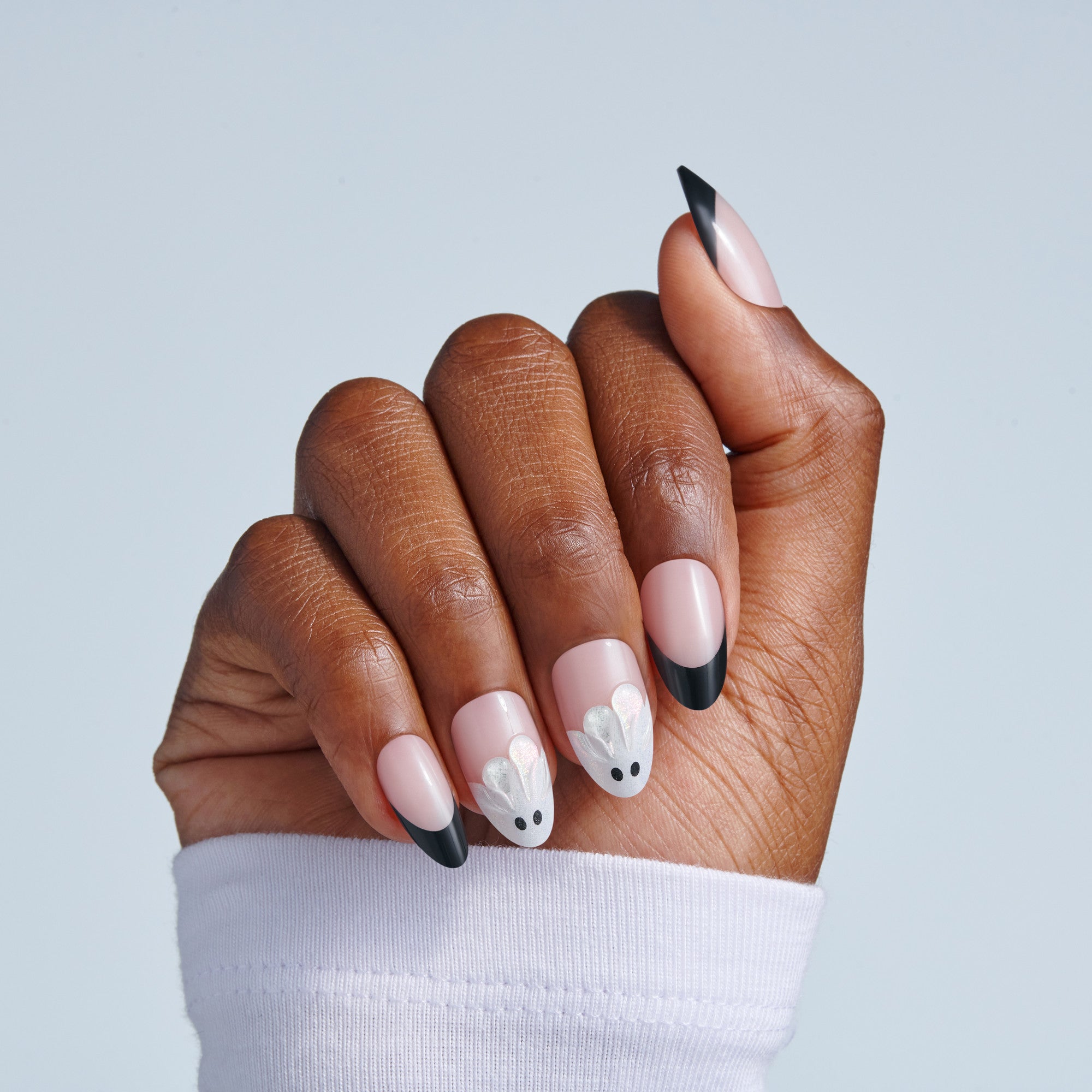 Kiss Haunt Halloween Press On Fake Glue Nails - Midnight Makeover | French Design, Black &amp; White, Medium, Almond, Glow In The Dark
