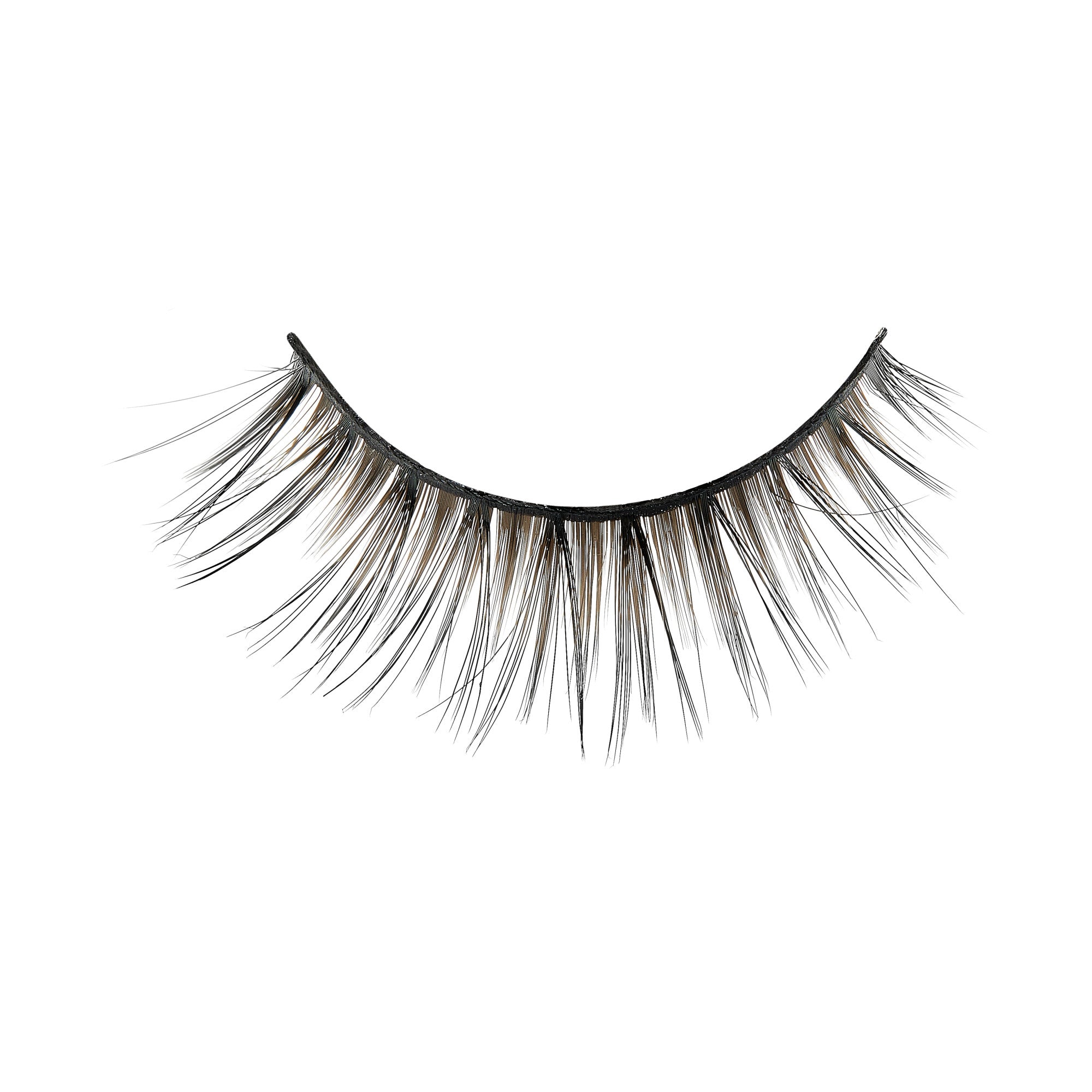 Pair of black false eyelashes with dramatic volume and length on white background.