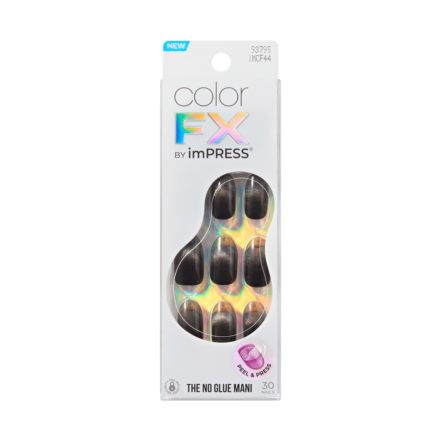 Color FX by imPRESS press-on nails in black with holographic accents, 30 nails.
