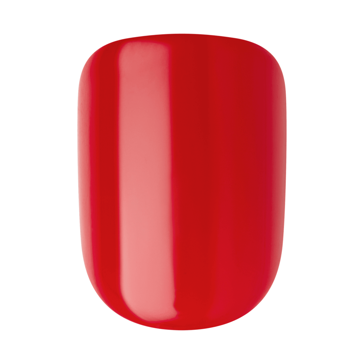 The image shows a single artificial nail painted in a glossy, vibrant red color. The nail has a smooth, shiny surface with a reflective finish, indicating a high-quality polish. The shape of the nail is slightly rounded at the top, giving it a natural and elegant appearance.