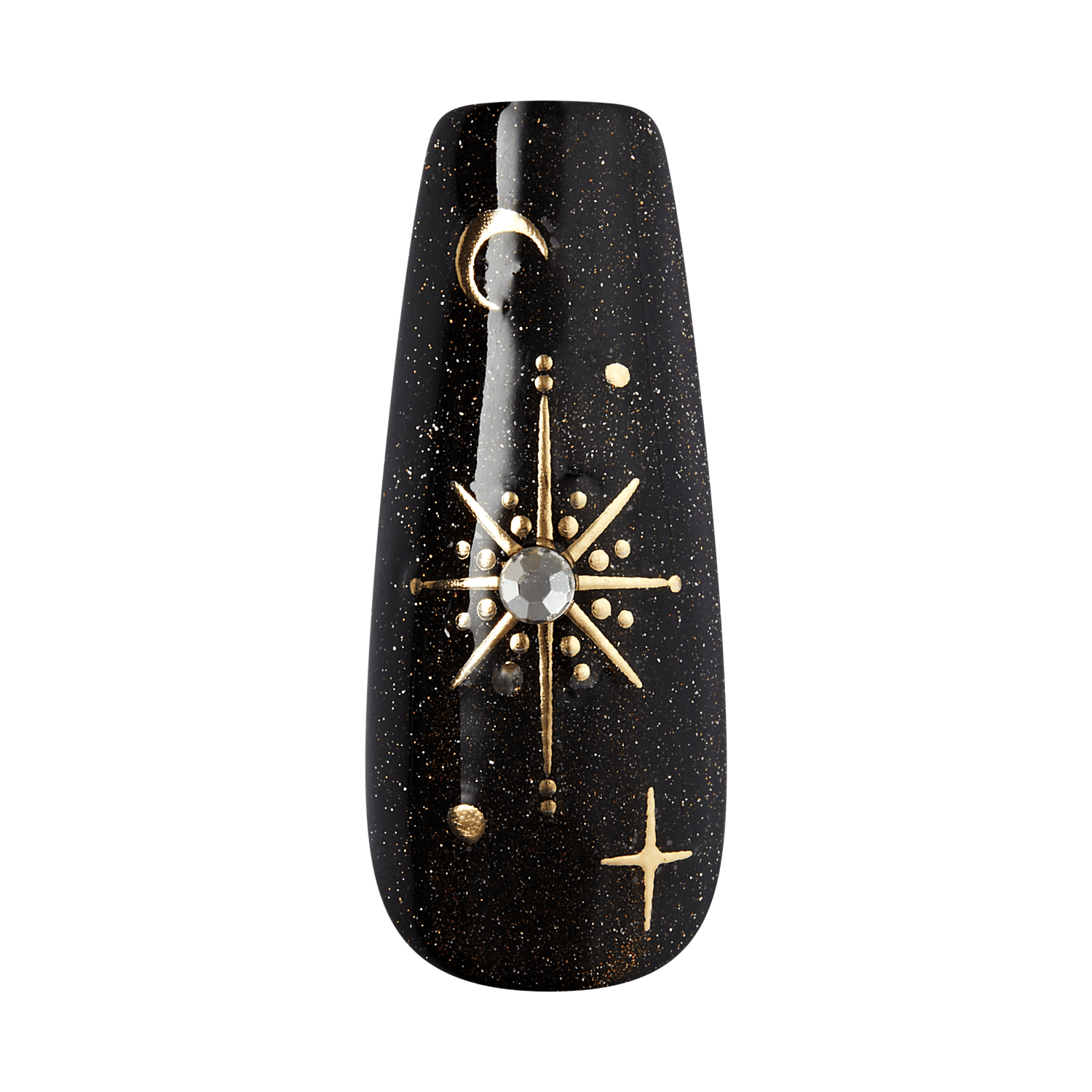Black speckled pendant with gold celestial symbols including crescent moon and star.